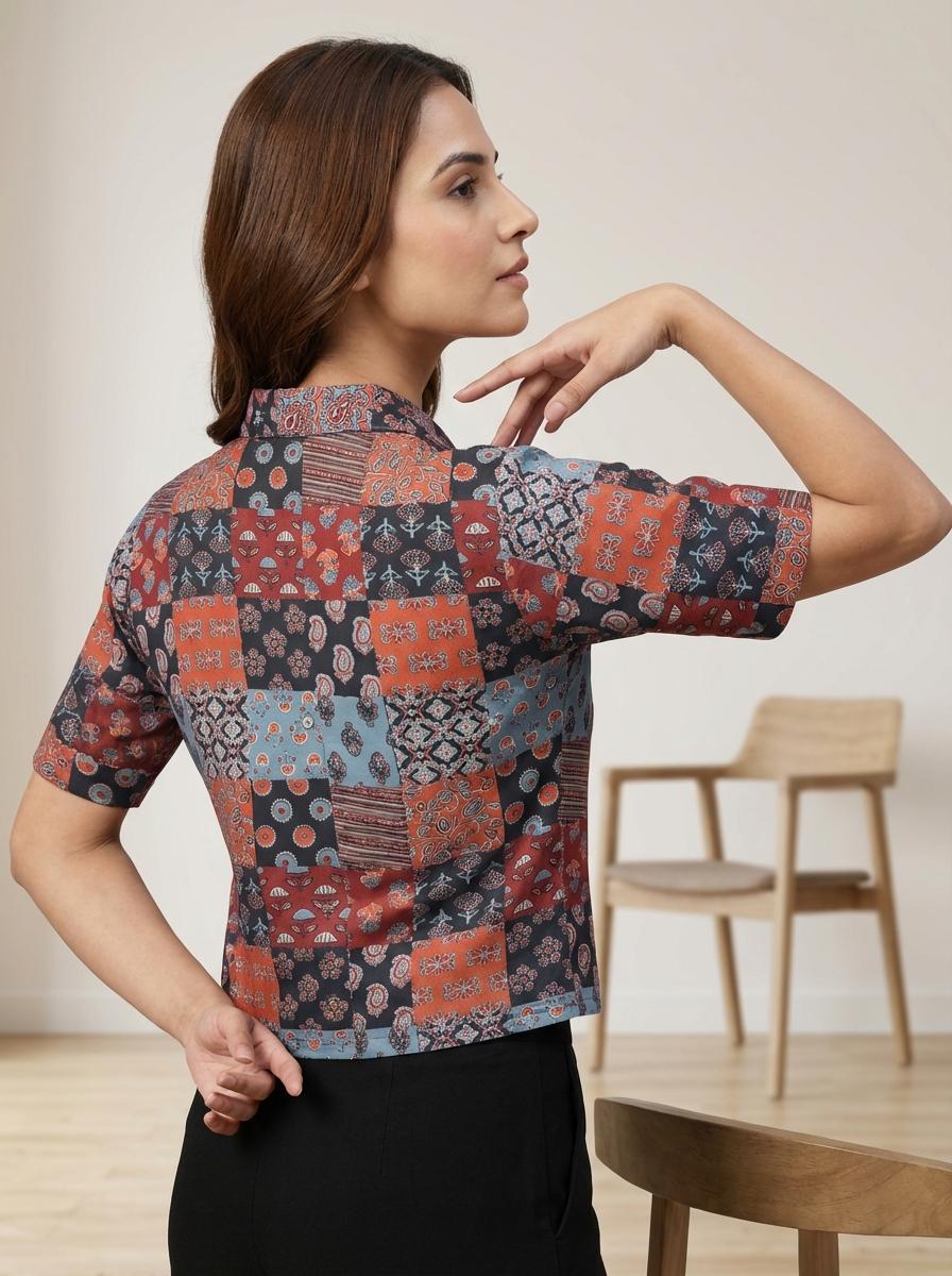 Women’s Multicolor Patchwork Printed Kurti – Short Sleeve Casual Ethnic Top