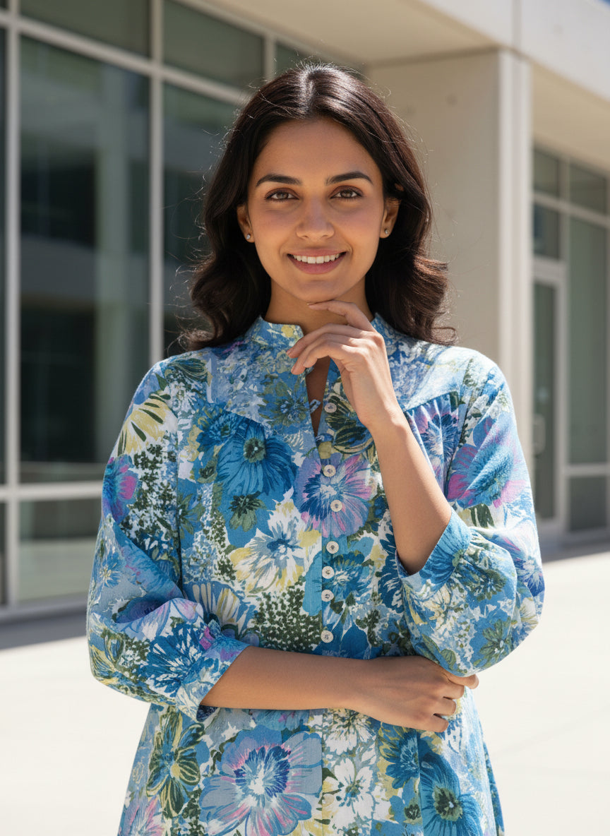 Women Blue Floral Printed Cotton Kurti | 3/4th Sleeve Straight Fit Ethnic Kurta for Daily Wear, Office Wear & Summer Casual Outfit (1 Piece)