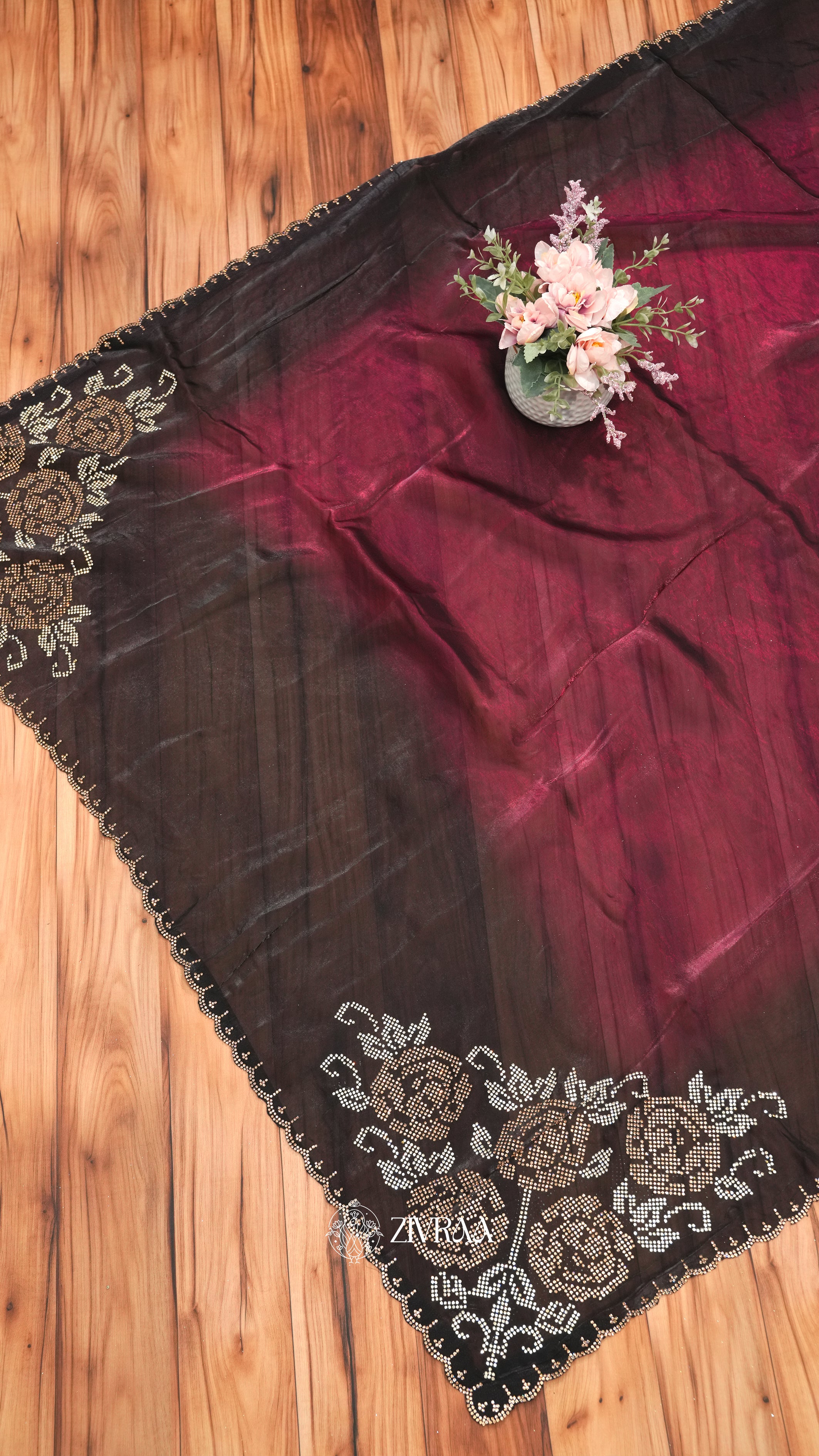 Elegant Black–Maroon Ombre Saree with Stone Floral Border
