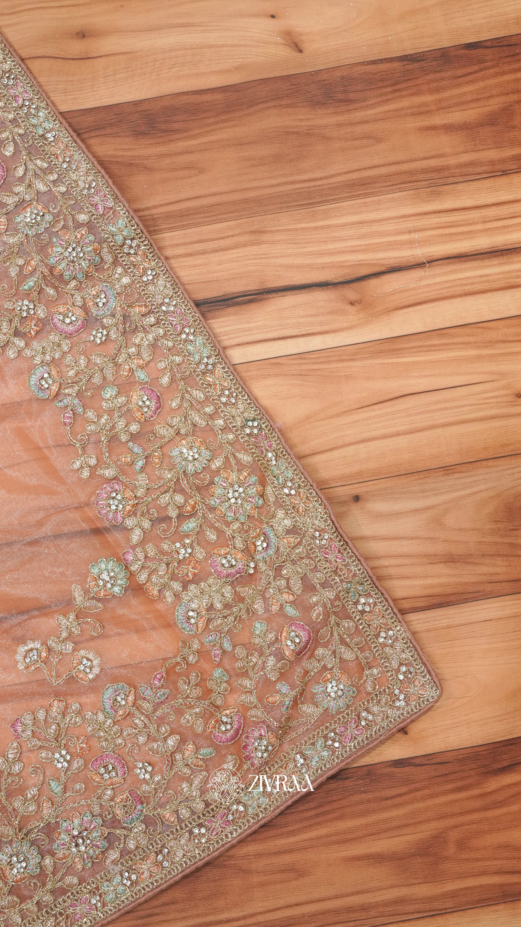 Peach shimmer net Saree with Heavy Floral Embroidery & Designer Border