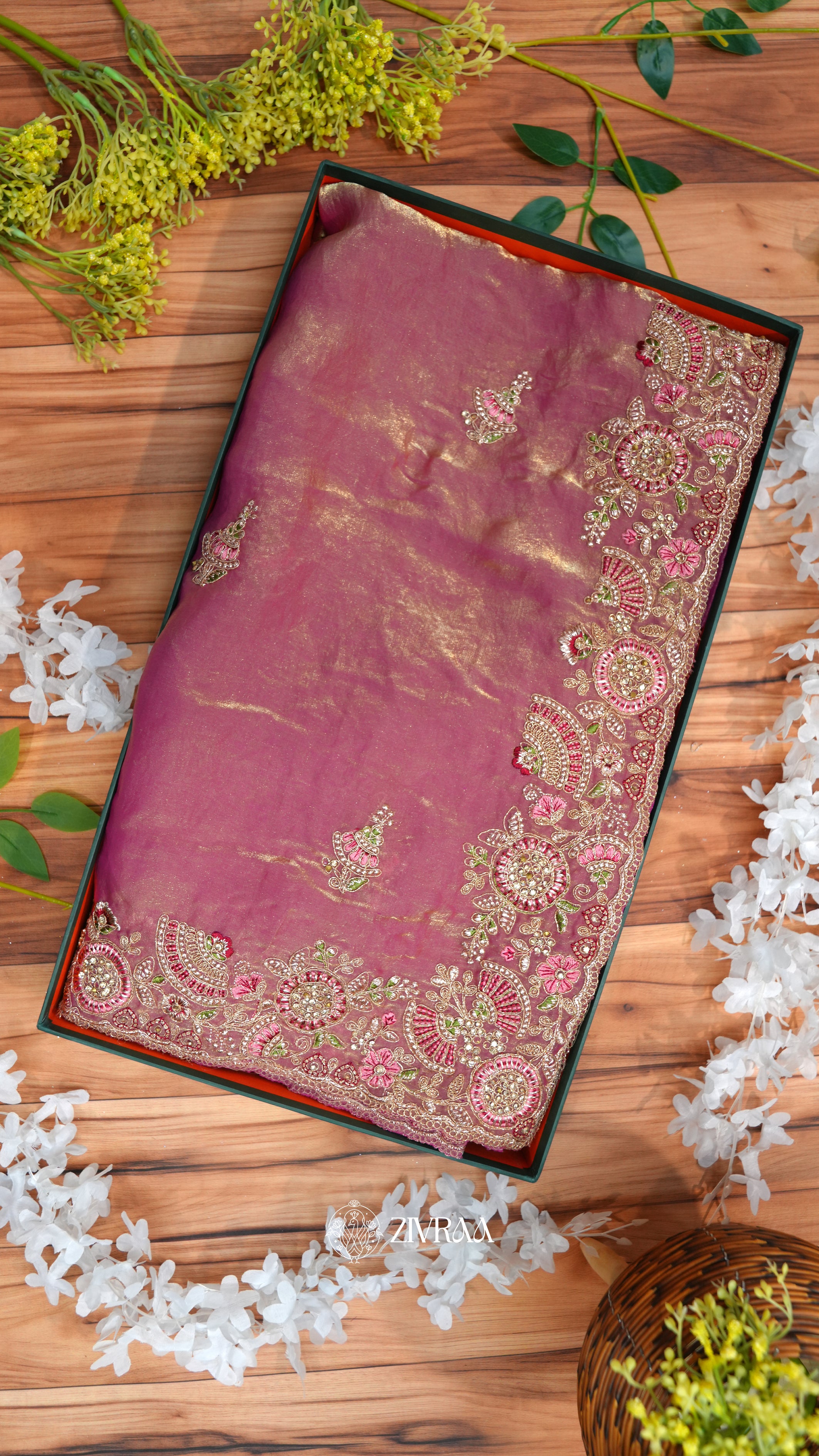 Sea Green shimmer silk Saree with Pink & Gold Floral Embroidery Border