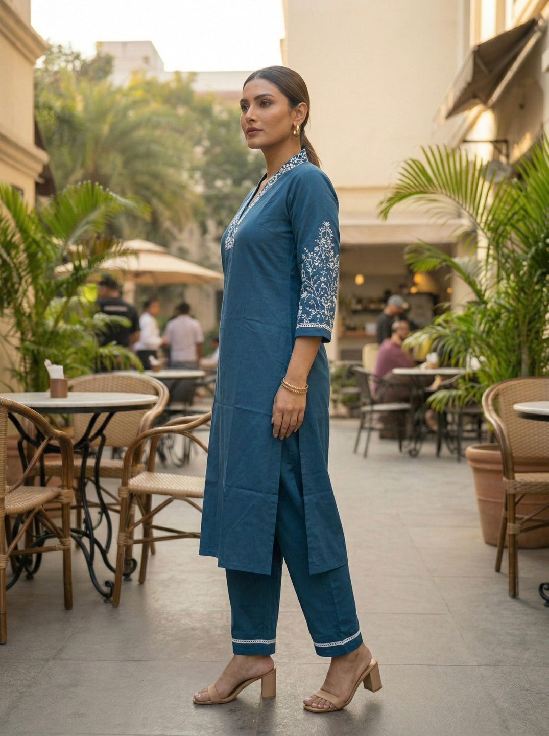 Ethnic Motifs Embroidered Cotton Blend Kurta Set for Women | V-Neck Thread Work Straight Kurta with Trousers