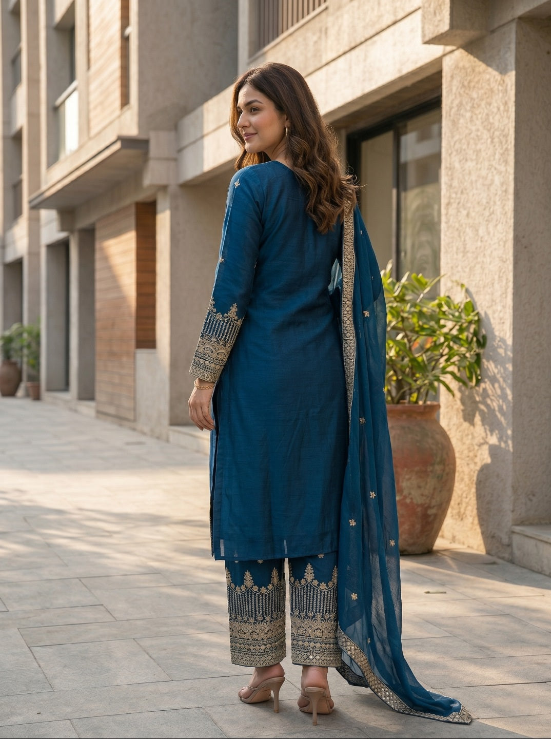 Blue Pure Chinon Silk Embroidered Straight Kurta Set with Dupatta & Trousers | Festive & Ethnic Wear for Women