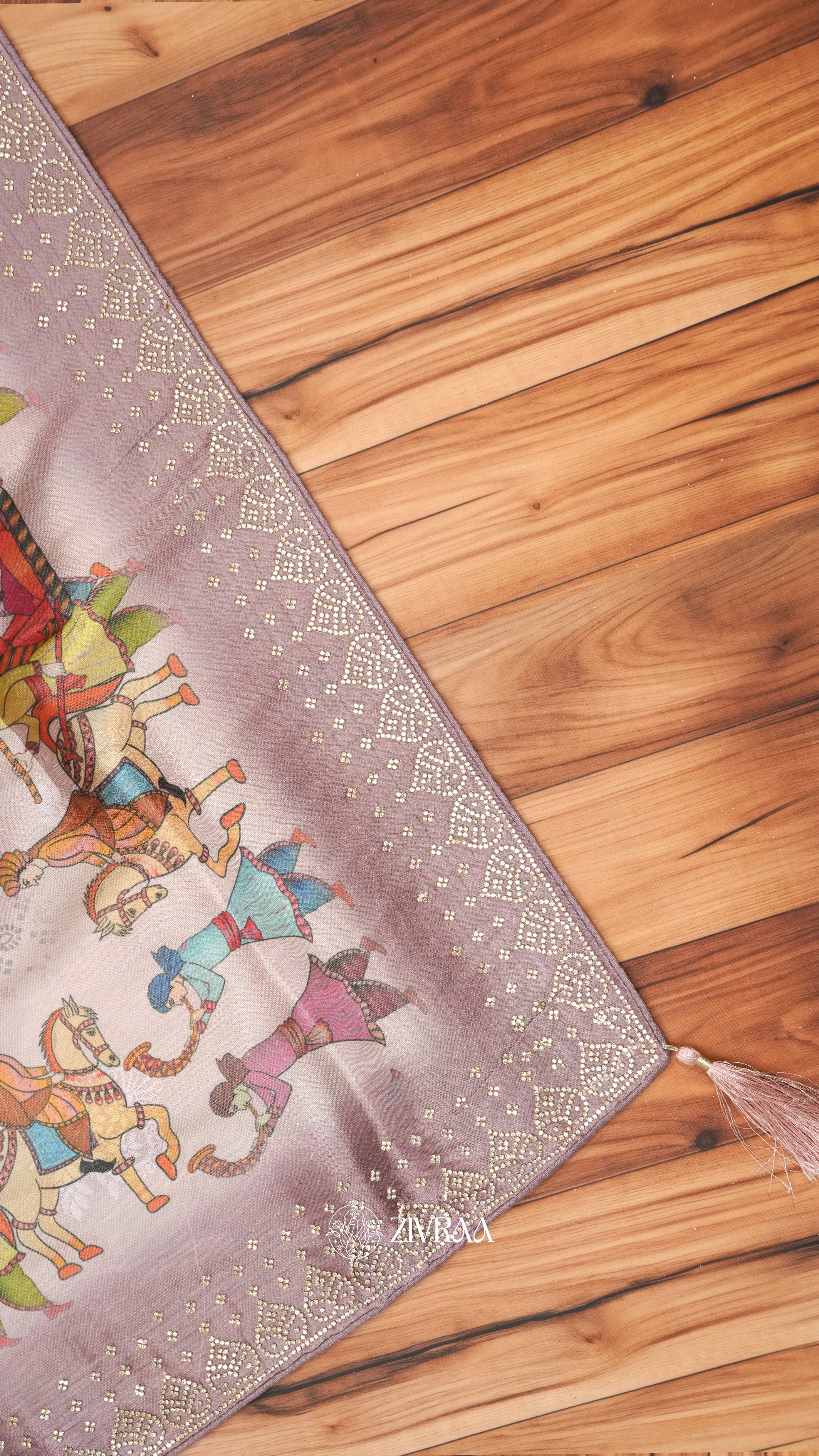 Sea Green Folk Art digital Printed Saree with Embellished Border