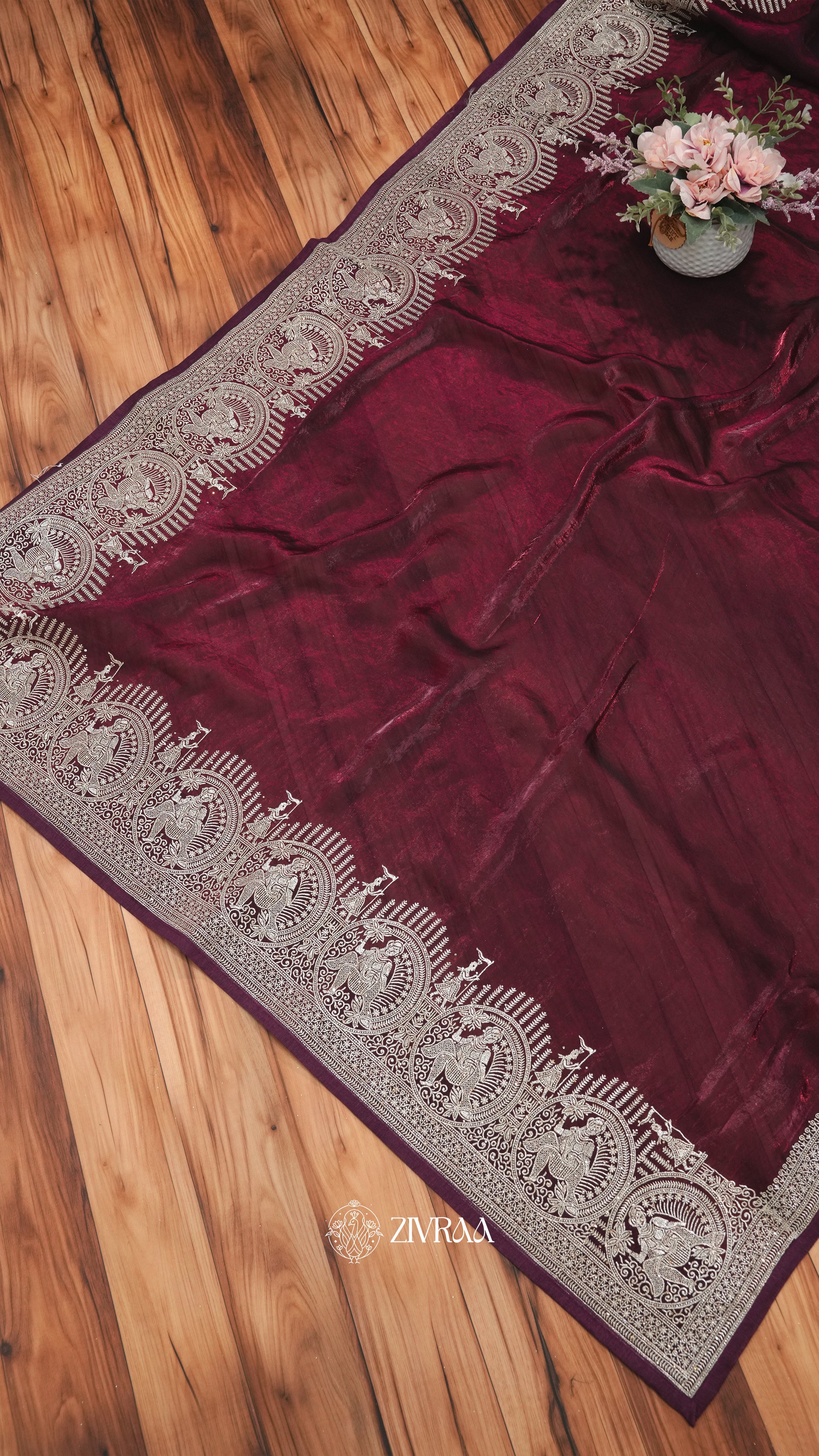 Elegant Wine Maroon Silk Saree with Traditional Silver Zari Figurative Border
