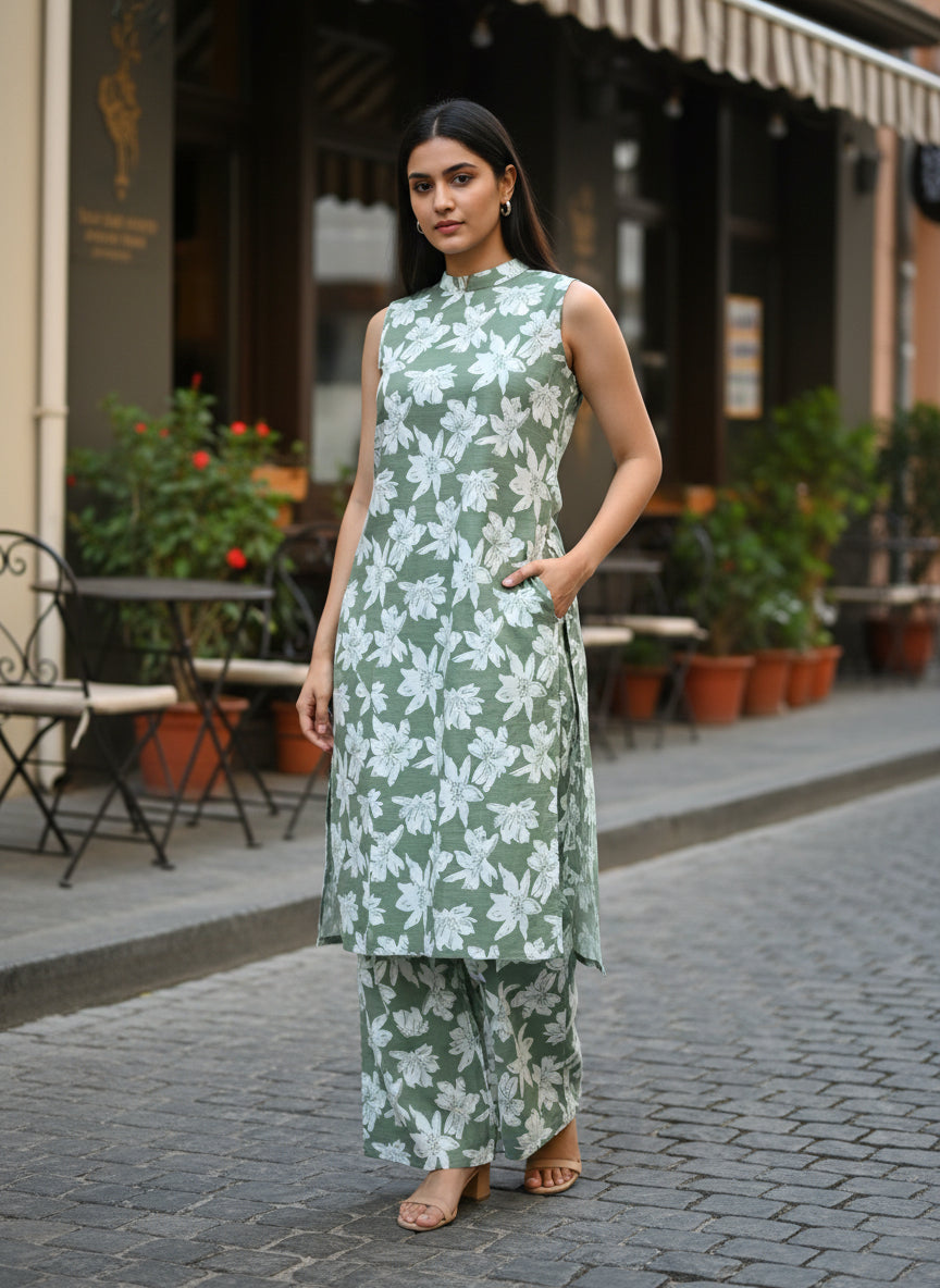 Women Olive Green Floral Printed 2 Piece Kurta Set with Pants | Sleeveless Straight Kurti Set | Summer Ethnic Wear for Women