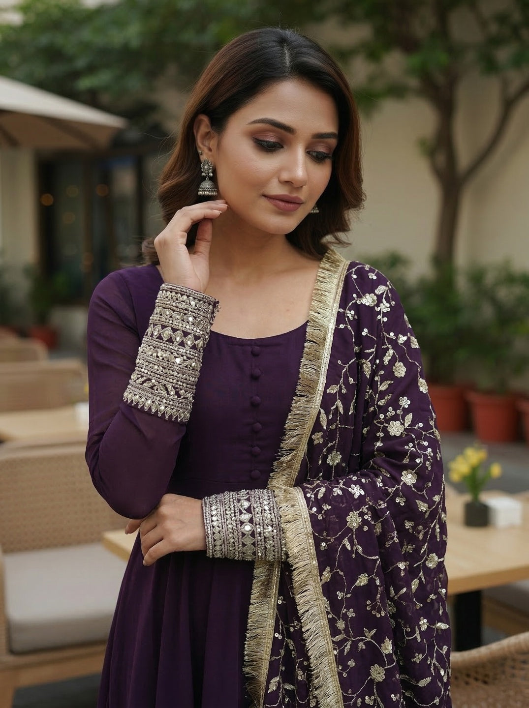 Georgette Anarkali Gown Set with Embroidered Dupatta & Pant – Festive Wear | Fully Stitched