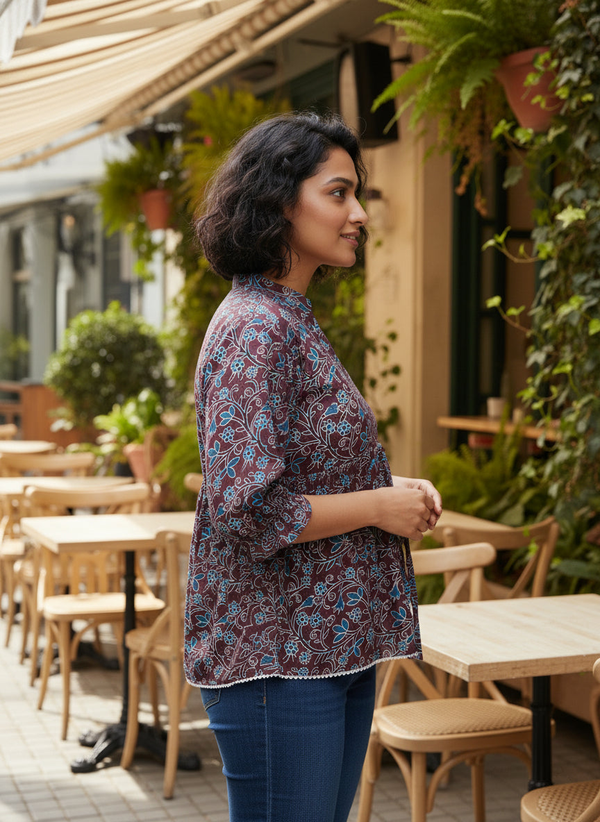 Women’s Maroon Floral Printed Casual Top with 3/4 Sleeves – Stylish Ethnic Office & Daily Wear Top (1 Piece Only)