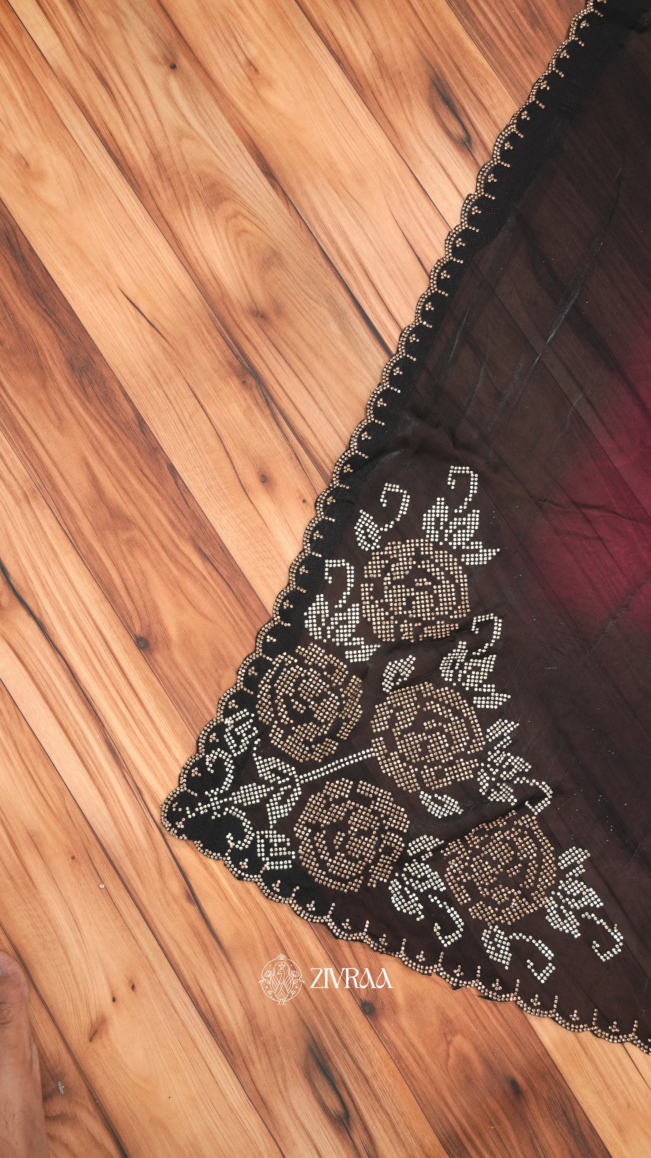 Elegant Black–Maroon Ombre Saree with Stone Floral Border