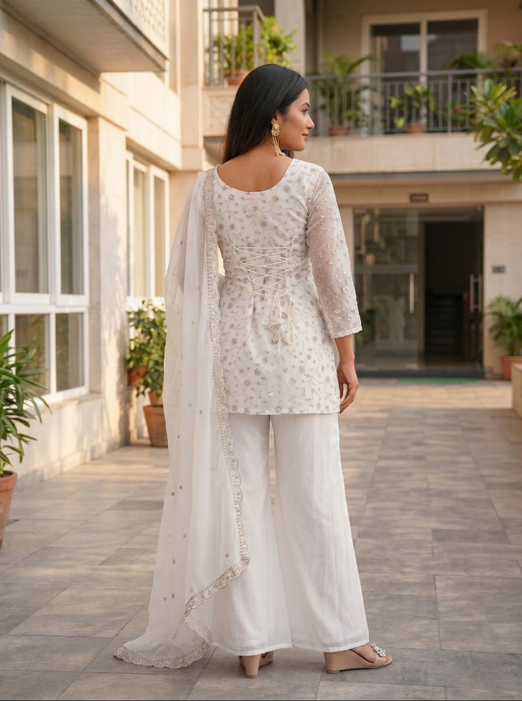 Elegant White Crunchy Silk Kurta Set with Dupatta | Ethnic Festive Wear for Women