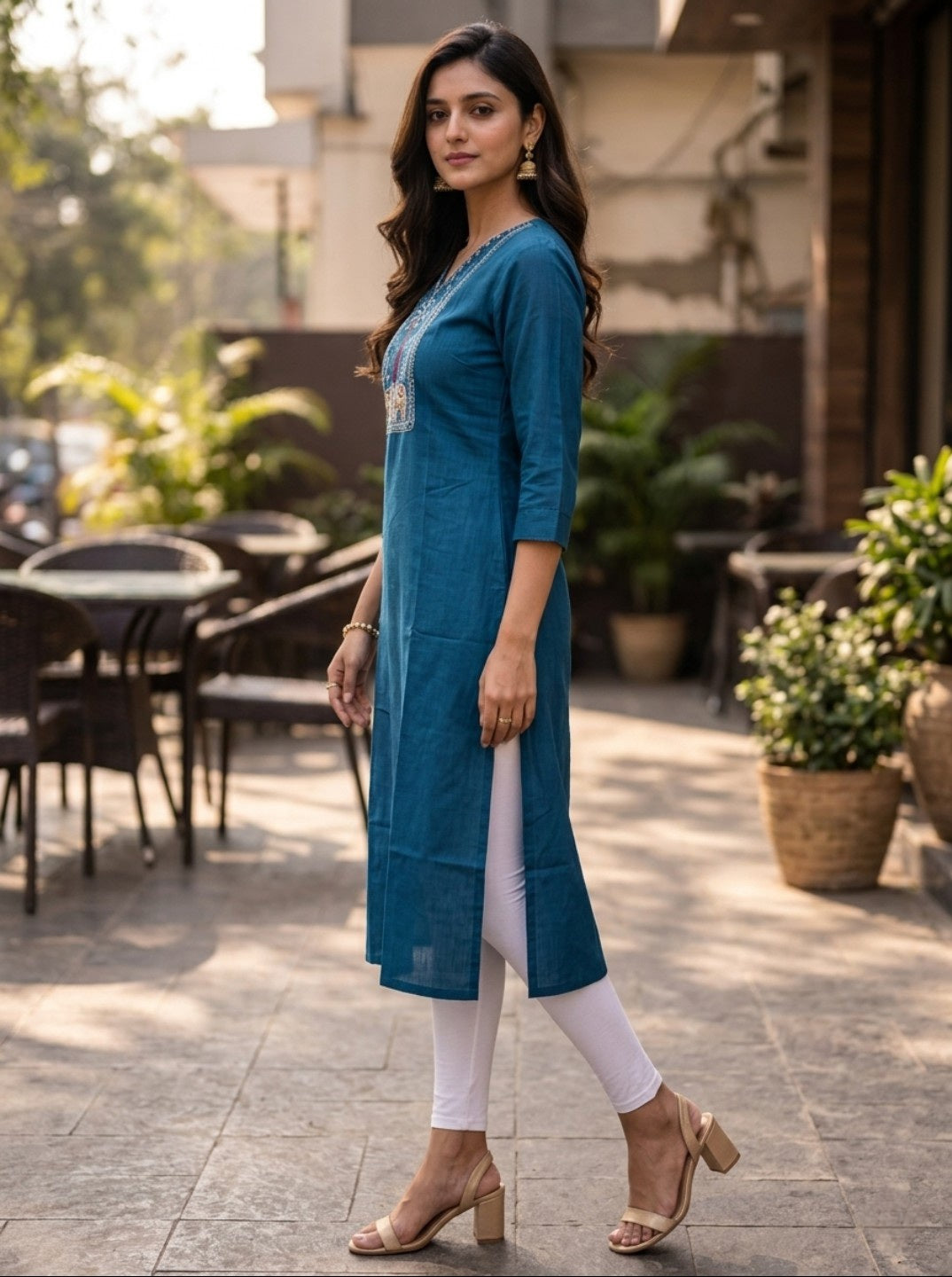 Women Tealblue Embroidered Rayon Slub Straight Kurti | Ethnic Casual Office Wear Kurta