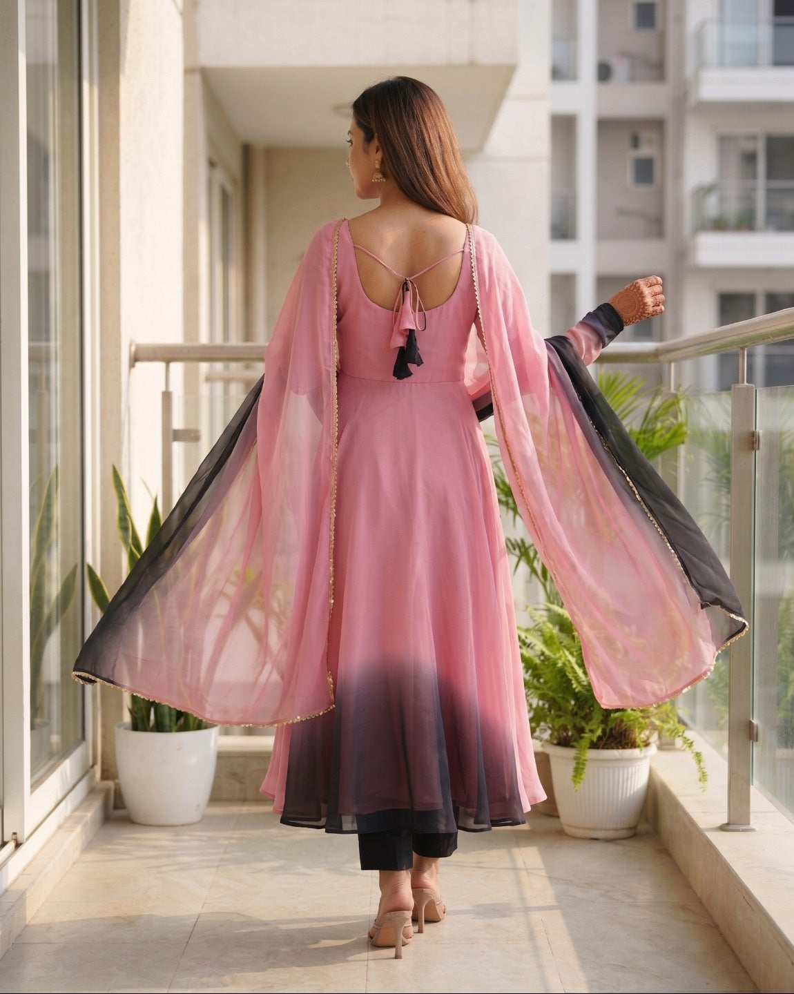 Women Fox Georgette Fully Flared Anarkali Kurta Set with Dupatta & Pants
