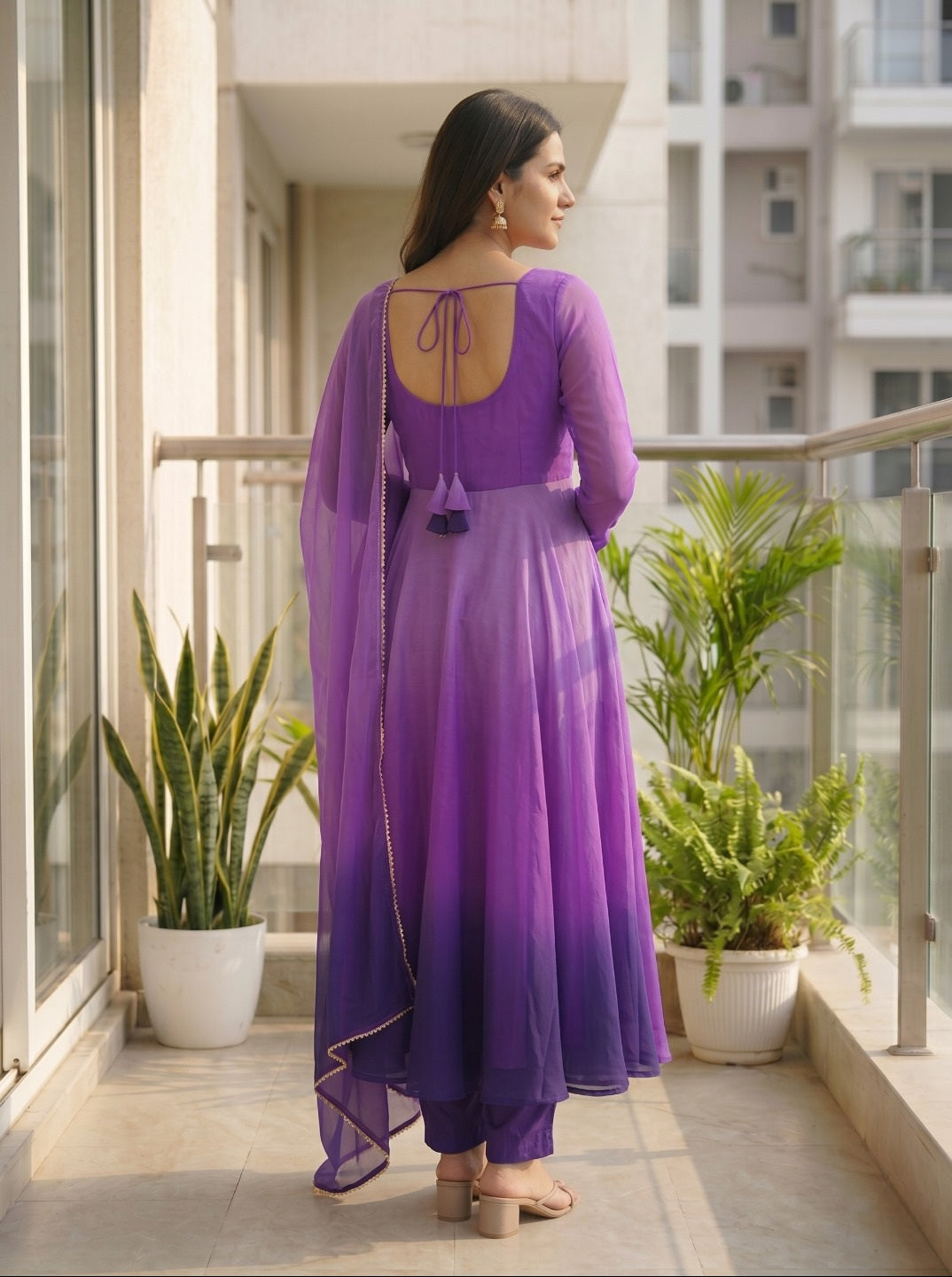 Women Fox Georgette Fully Flared Anarkali Kurta Set with Dupatta & Pants