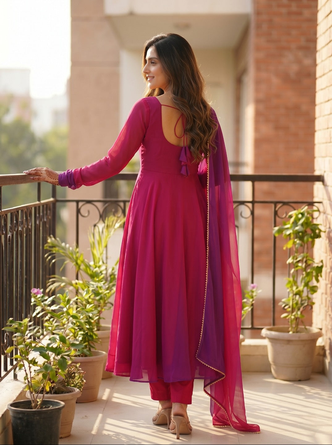 Women Fox Georgette Fully Flared Anarkali Kurta Set with Dupatta & Pants