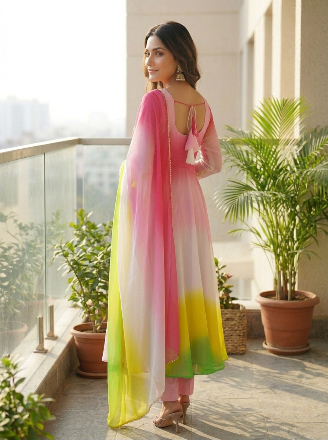 Women Fox Georgette Fully Flared Anarkali Kurta Set with Dupatta & Pants