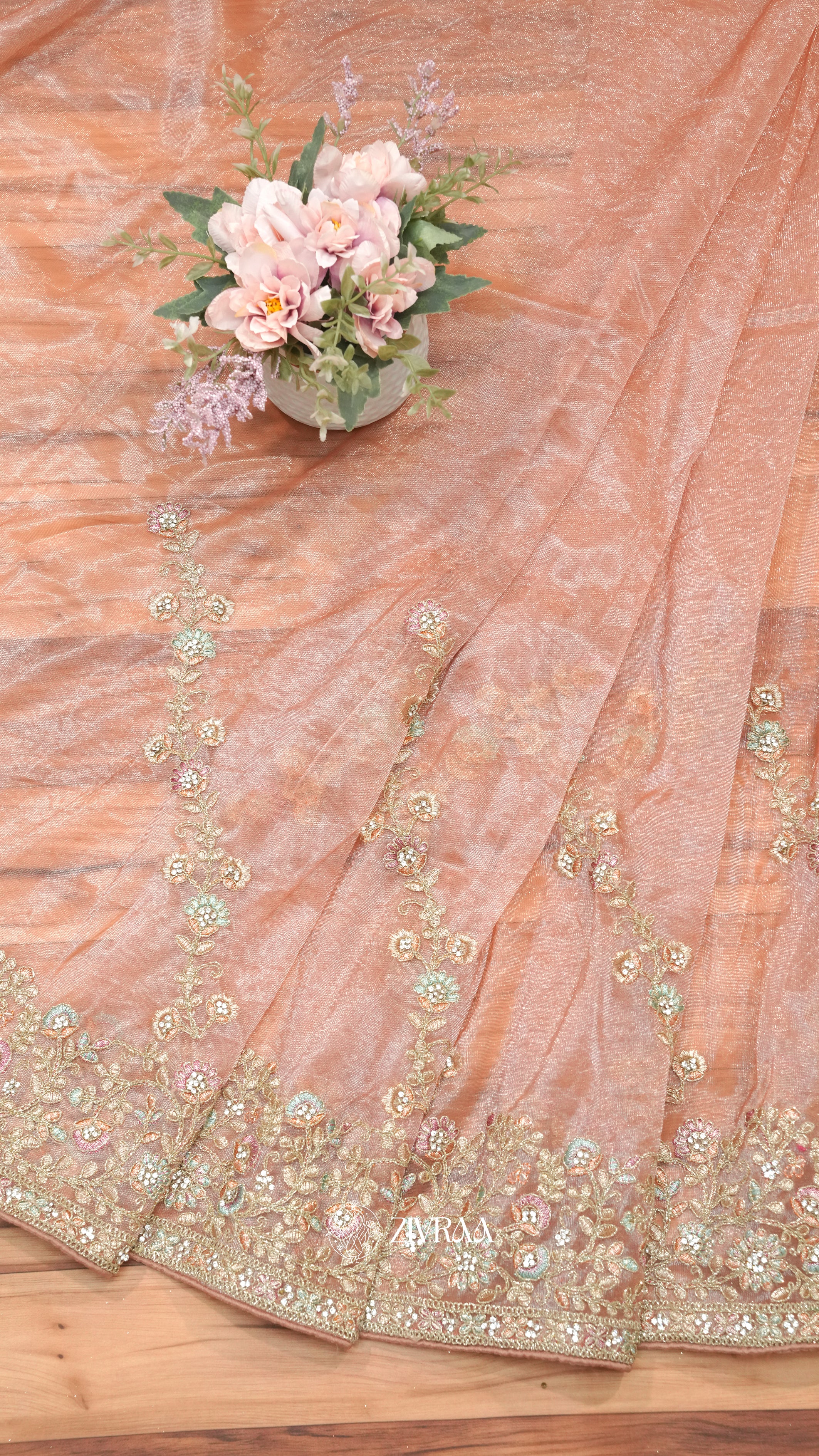 Elegant Teal Green Embroidered Shimmer Net Saree with Floral Zari & Stone Work