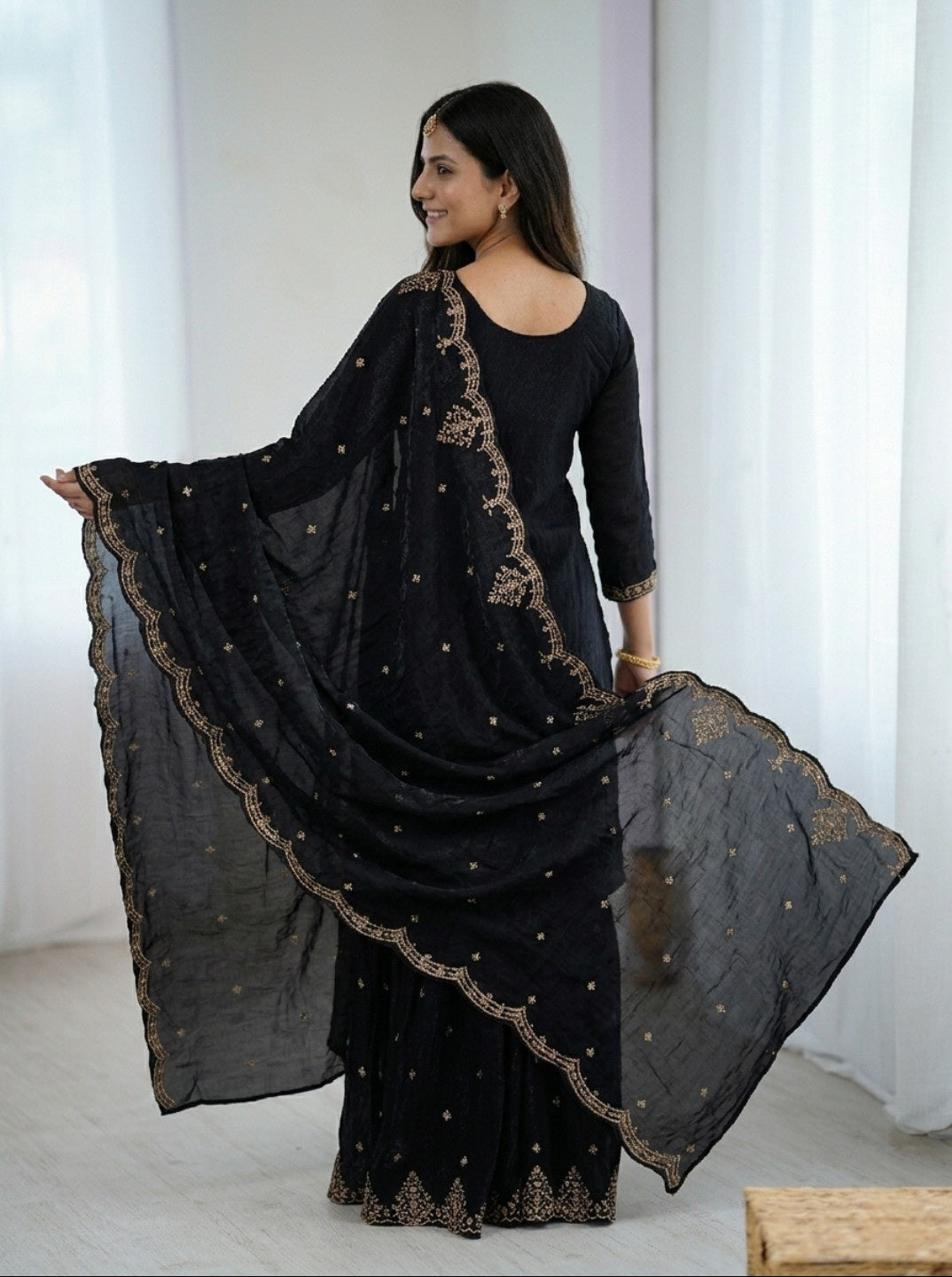 Black Embroidered Kurta Sharara Set with Dupatta | Heavy Crunchy Silk Festive Wear | Designer Ethnic Suit for Women