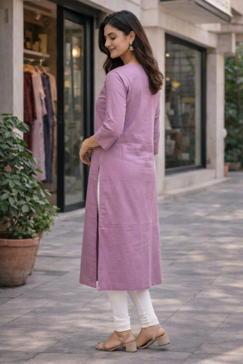 Women's Mauve Solid Straight Kurti with Embroidered Neck | Elegant Ethnic Kurta for Women | Casual & Office Wear Stylish Kurti