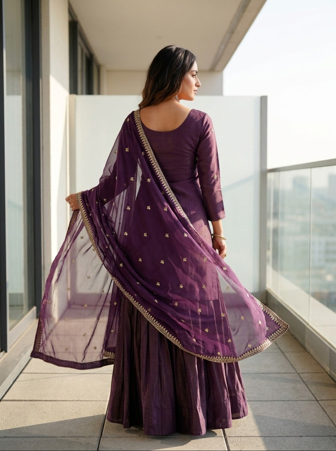 Purple Roman Shimmer Chanderi Silk Embroidered Kurta Sharara Set With Dupatta | Festive Ethnic Wear For Women