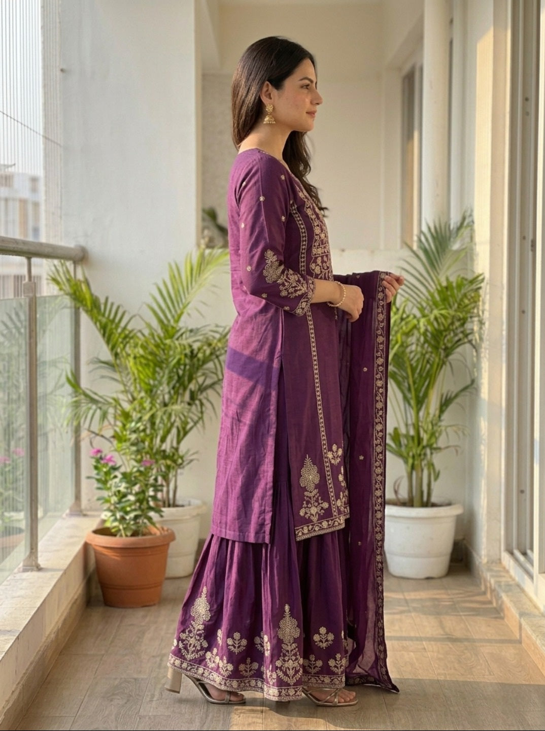 Purple Embroidered Chinnon Silk Kurta Set with Sharara & Dupatta | Festive 3-Piece Ethnic Set for Women