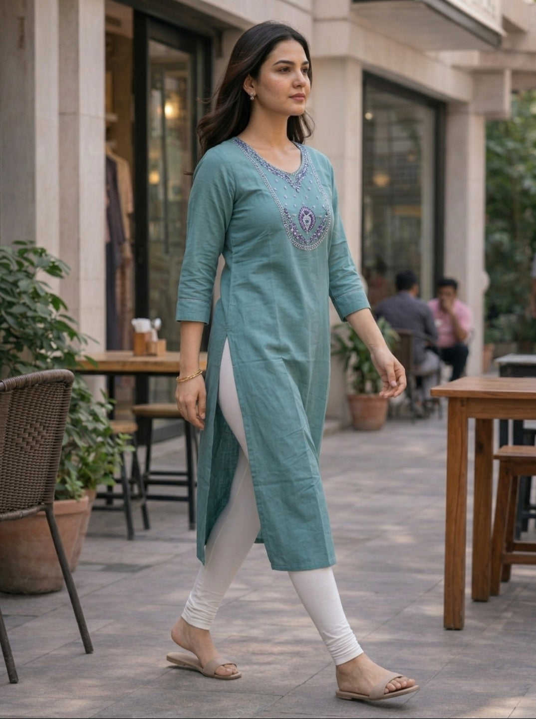 Firozi Rayon Slub Embroidered Straight Kurti for Women | Casual & Ethnic Wear