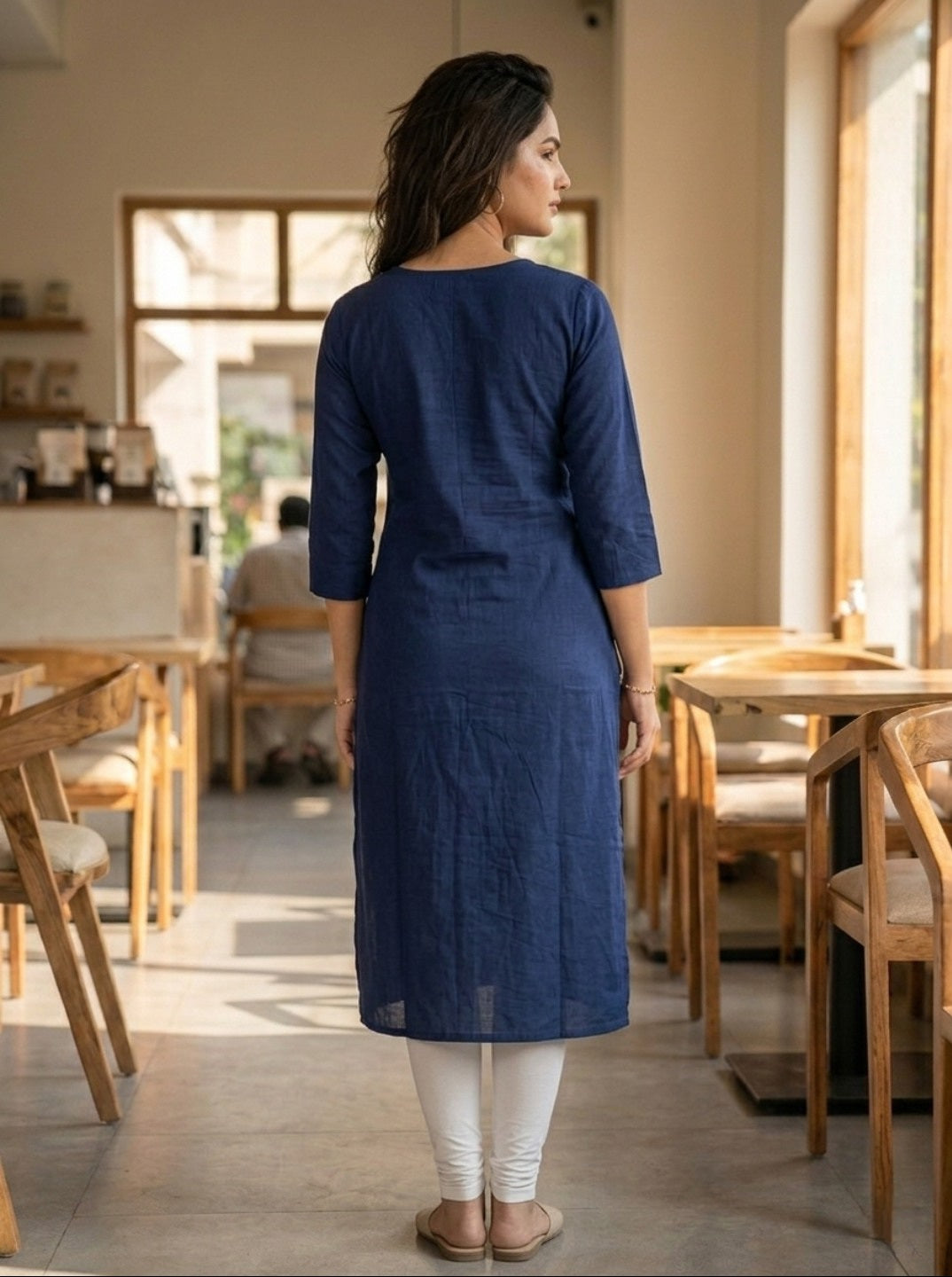Navy Blue Rayon Slub Embroidered Straight Kurti for Women | Ethnic Casual Wear