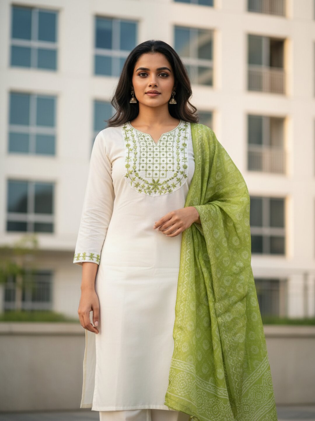 Off White & Olive Green 3 Piece Kurta Set for Women with Dupatta | Elegant Embroidered Kurti Pant Set | Festive Wear, Office Wear & Traditional Ethnic Suit