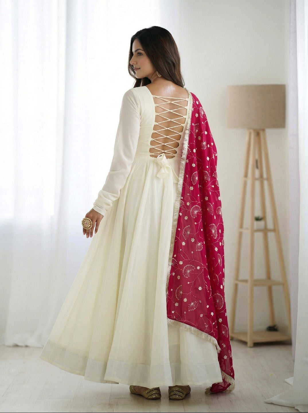 Off White Anarkali Kurta Set with Red Embroidered Dupatta | Vichitra Silk Fully Flared Gown with Pant | Festive & Wedding Wear for Women