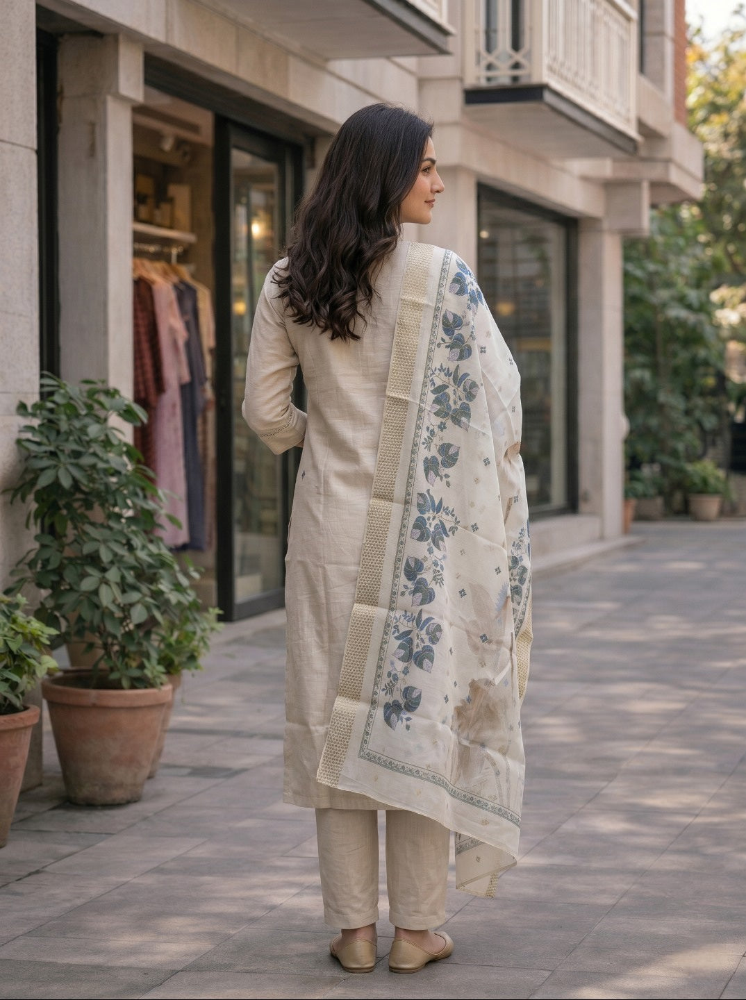 Women Offwhite Embroidered Vartican Silk Kurta Set With Dupatta | Ethnic 3 Piece Festive Suit Set