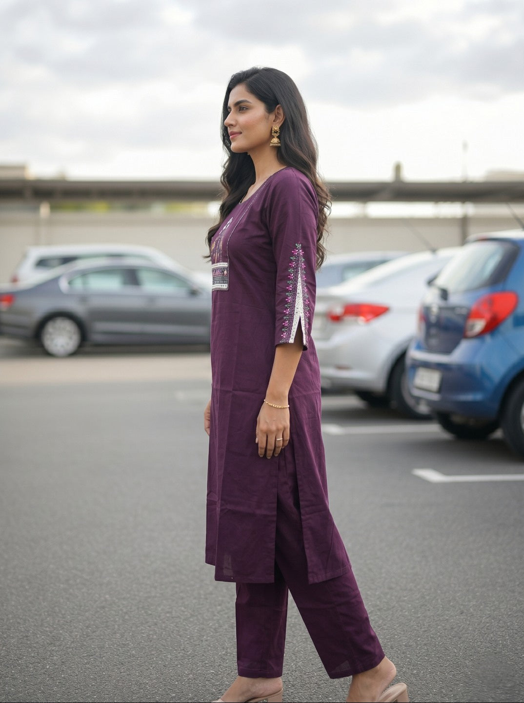 Royal Wine Cotton Embroidered Kurta Pant Set | Elegant Ethnic Cotton Kurta Set for Daily & Festive Wear