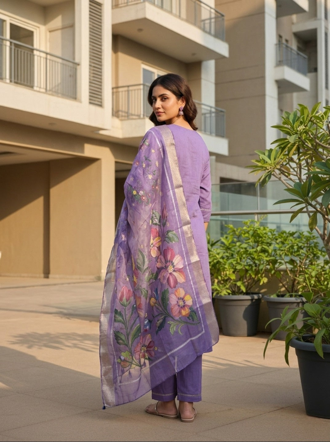Lavender Roman Silk Embroidered Kurta Pant Set with Floral Organza Chanderi Dupatta | Elegant Ethnic Wear for Women