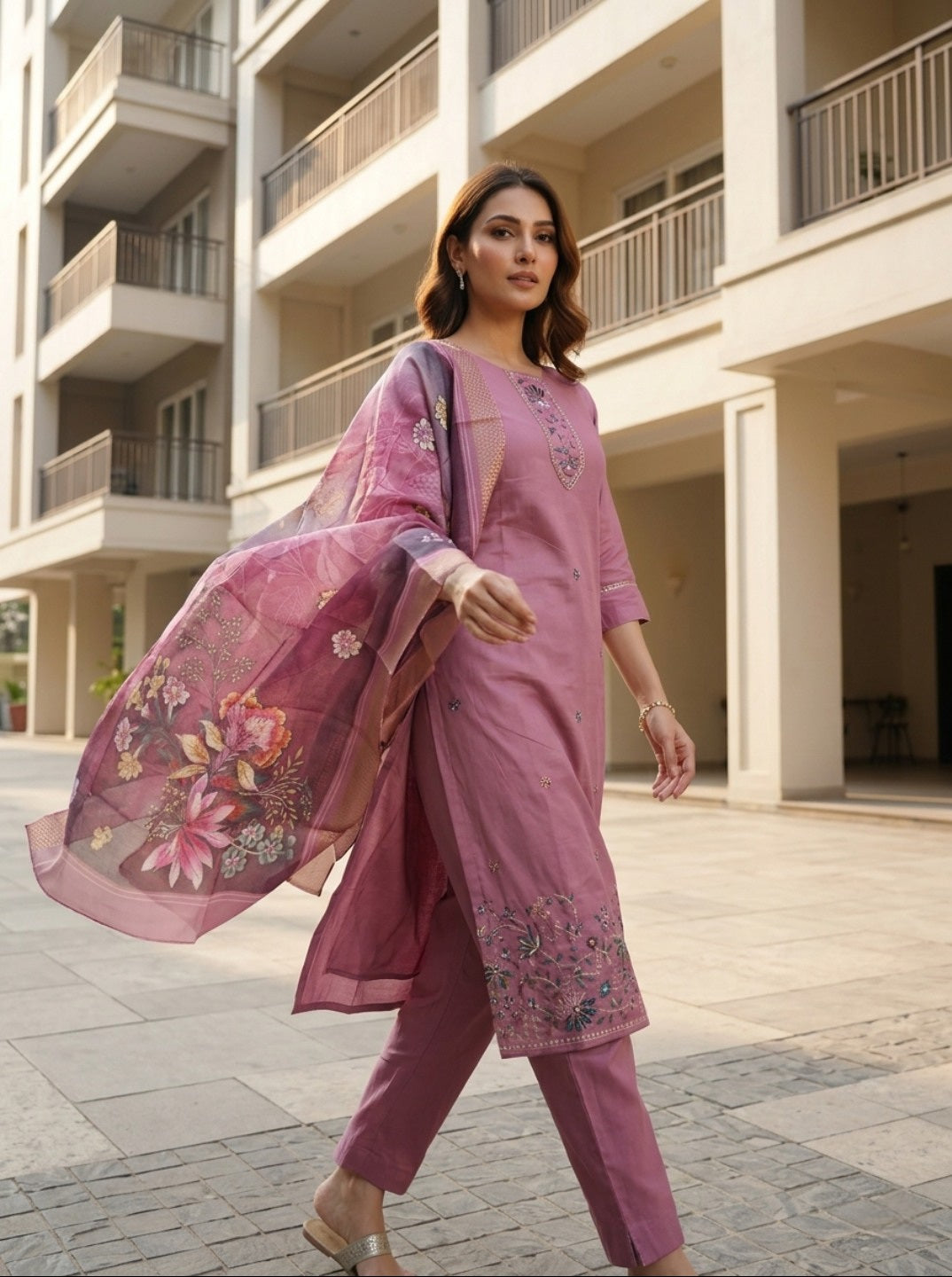 Pink Roman Silk Embroidered Kurta Pant Set with Floral Organza Chanderi Dupatta | Premium Ethnic Wear for Women