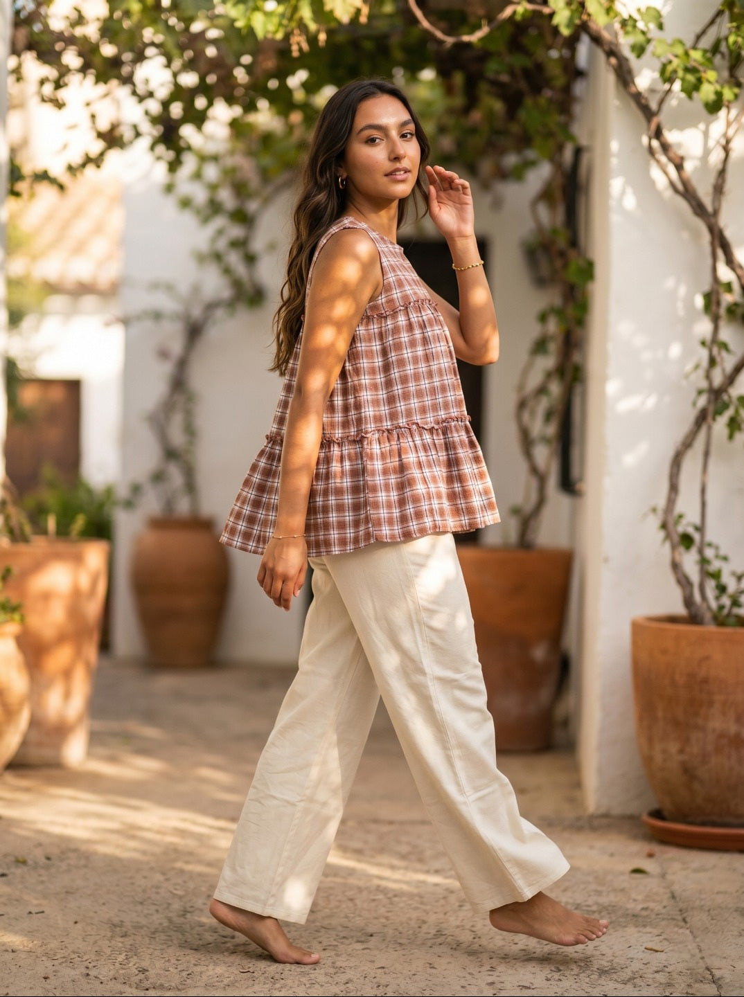 Women's Premium Linen Cotton Co-Ord Set | Sleeveless Checked Summer Co-Ord Set with Relaxed Pants | Casual Chic Everyday Wear