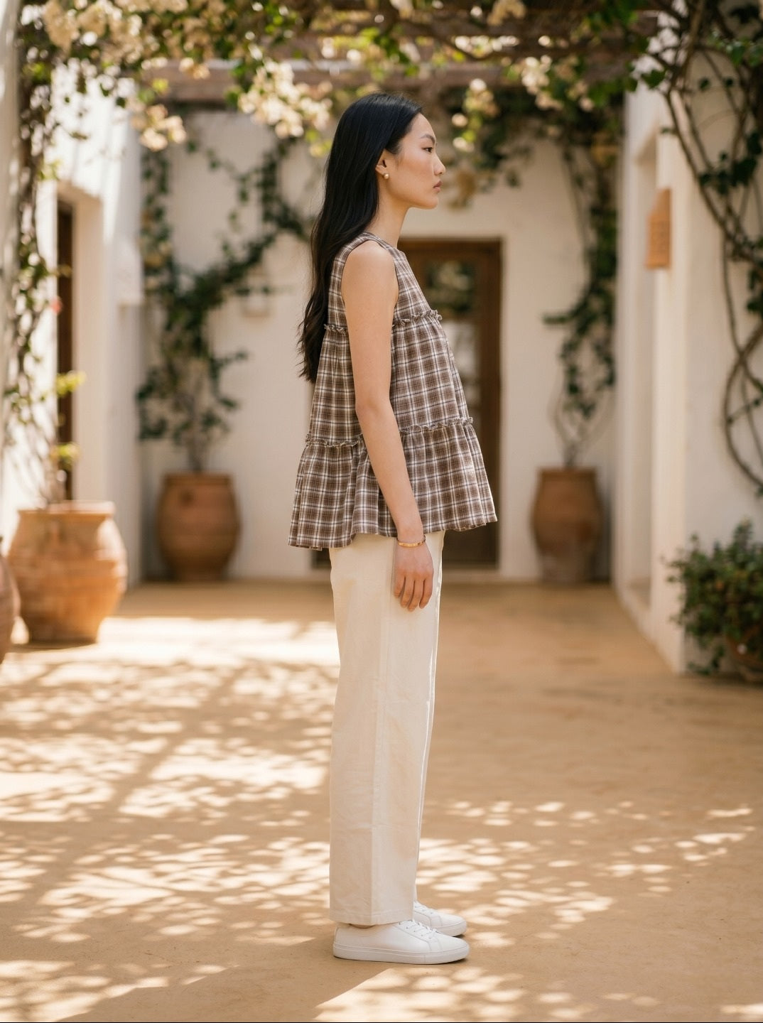Women's Premium Linen Cotton Co-Ord Set | Sleeveless Checked Summer Co-Ord Set with Relaxed Pants | Casual Chic Everyday Wear