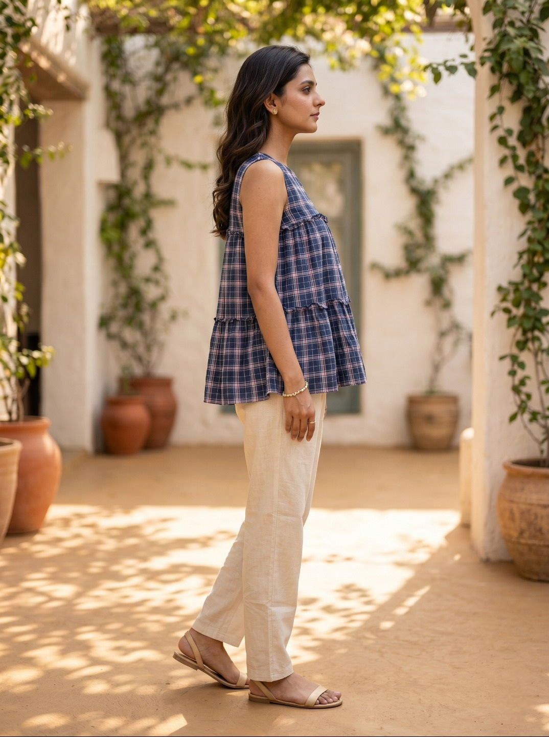 Women's Premium Linen Cotton Co-Ord Set | Sleeveless Checked Summer Co-Ord Set with Relaxed Pants | Casual Chic Everyday Wear