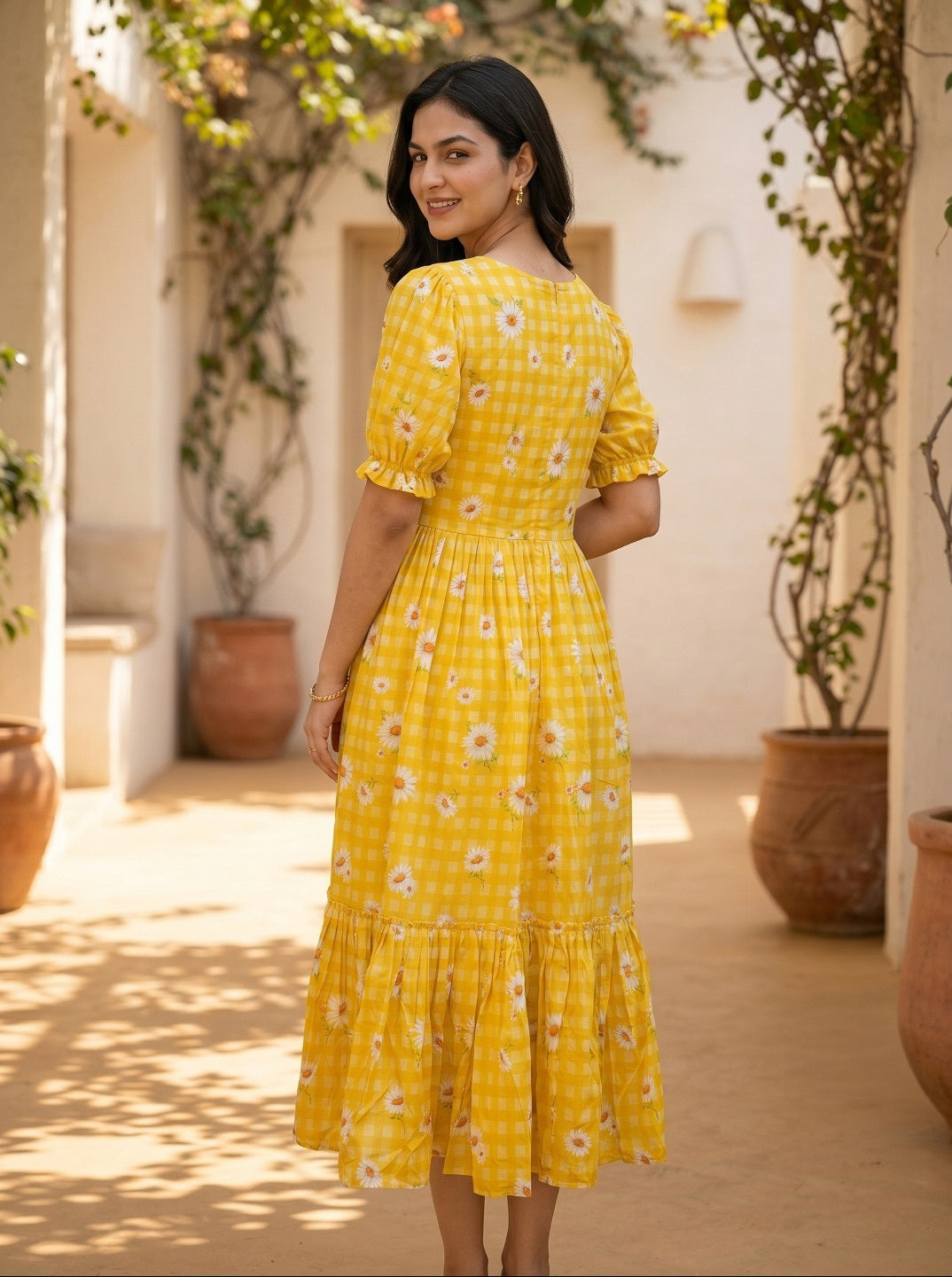 Women’s Sunshine Yellow Muslin Silk Gingham Print Floral Midi Kurta | Elegant Summer Casual Dress for Women