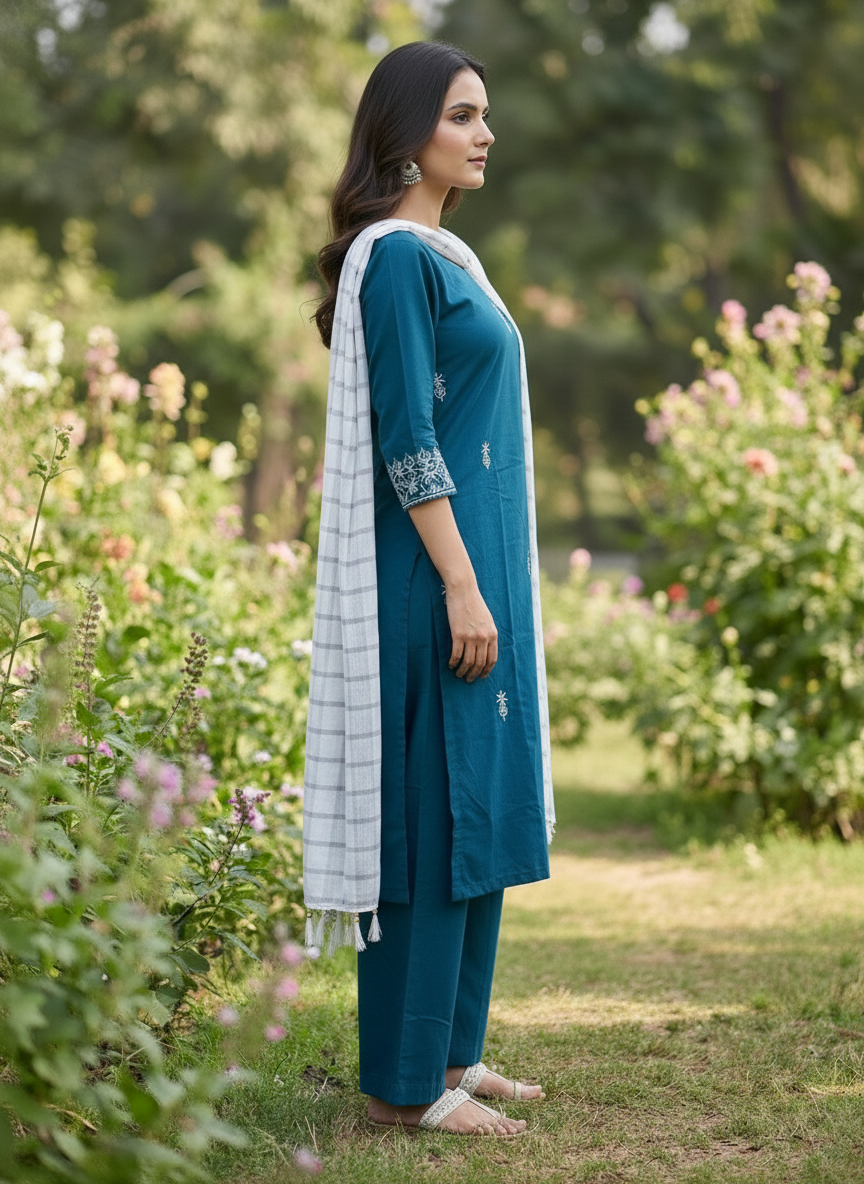 Women’s Teal Embroidered Kurta with Palazzos & Dupatta – Elegant Ethnic Suit Set