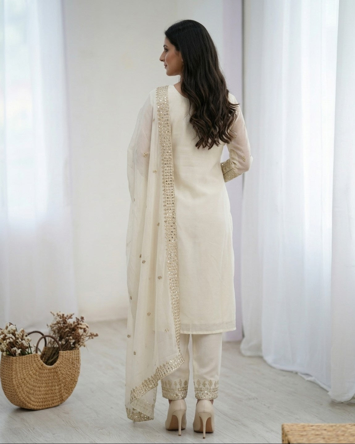 Off White Chinon Silk Embroidered Kurta Set with Dupatta | Straight Fit Ethnic Suit for Women | Festive & Party Wear