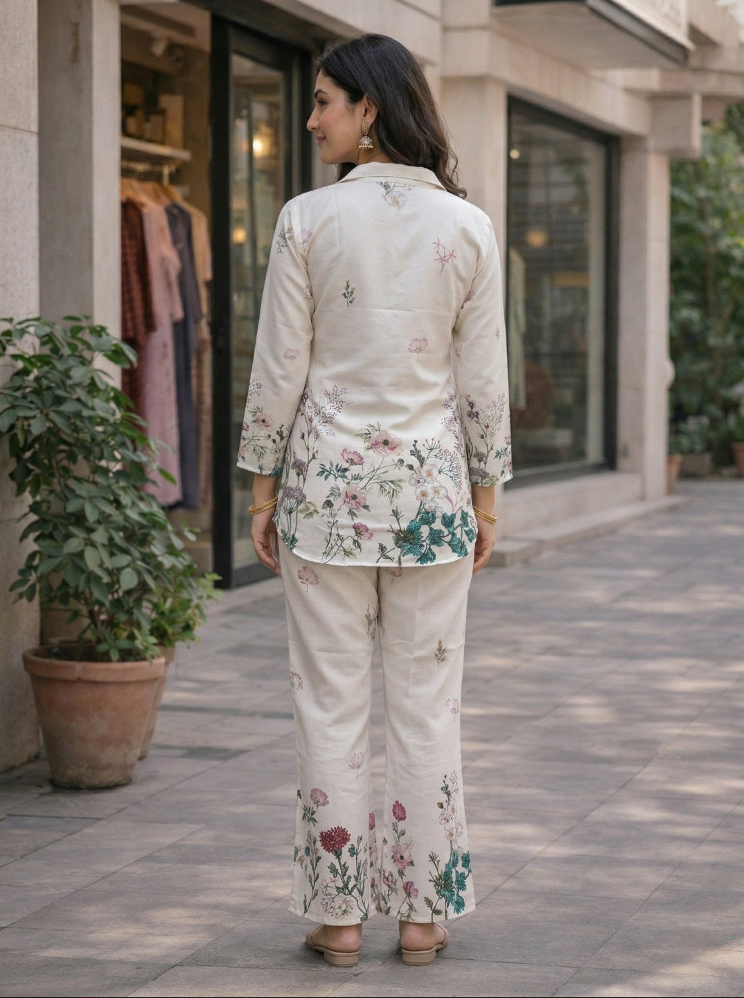 Off White Floral Printed Co-ord Set for Women | Rayon Slub Shirt & Pant Set | Casual Elegant Two Piece Outfit