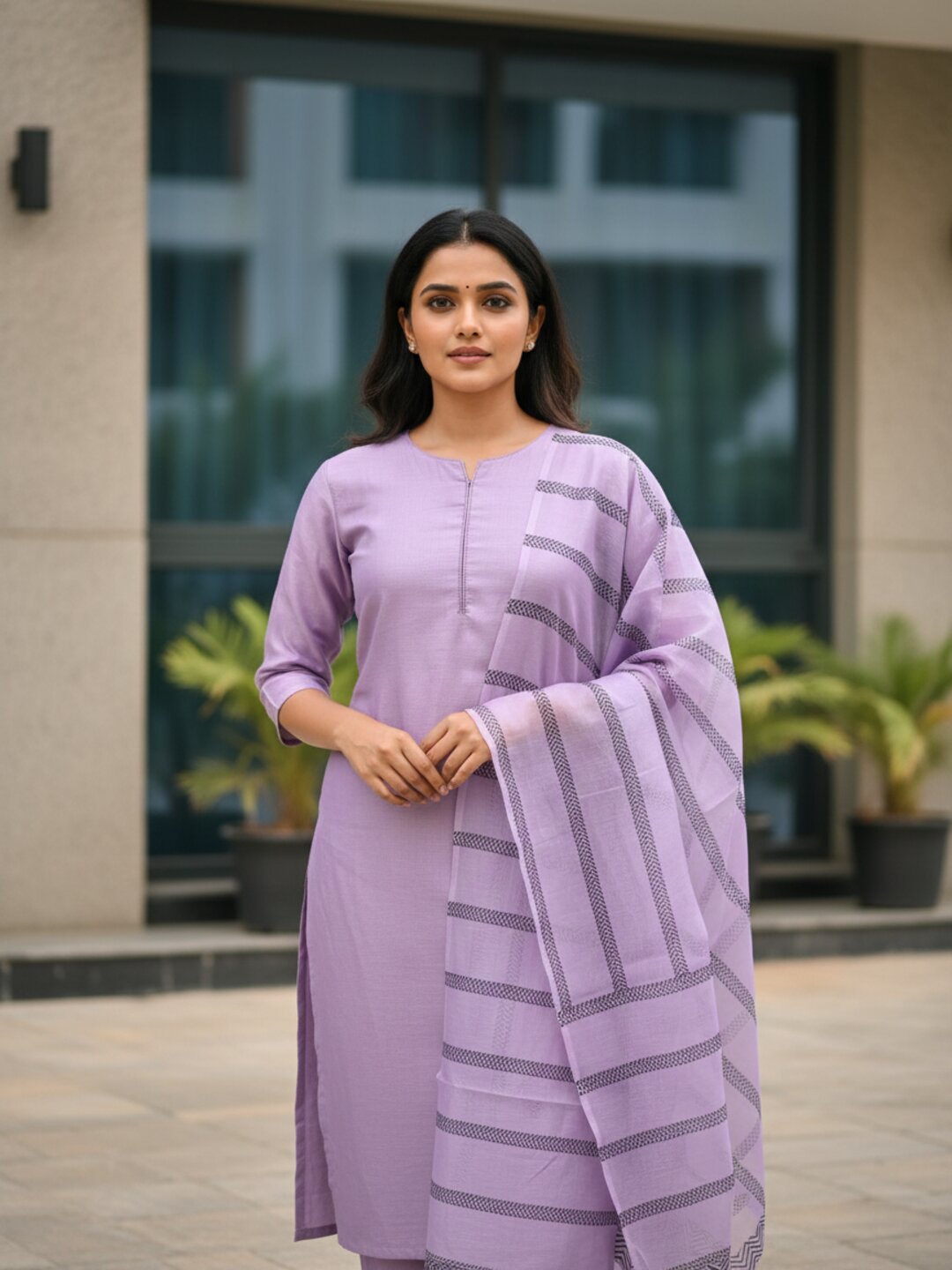 Lavender 3 Piece Kurta Set for Women with Printed Dupatta | Elegant Straight Kurti Pant Set | Trending Ethnic Wear for Office, Festive & Daily Wear