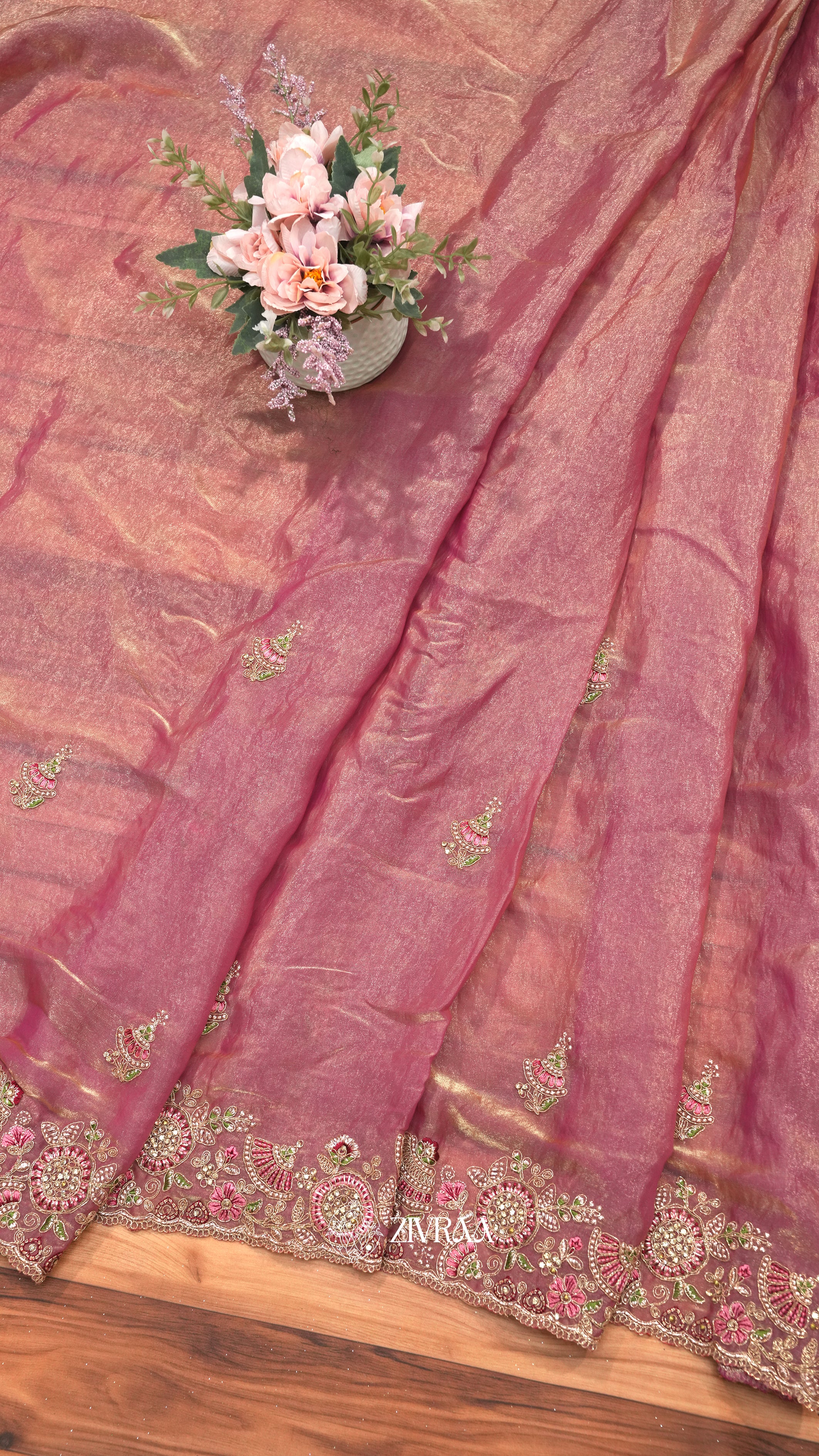 Elegant Rose Pink Silk Saree with Heavy Zari & Floral Embroidered Border