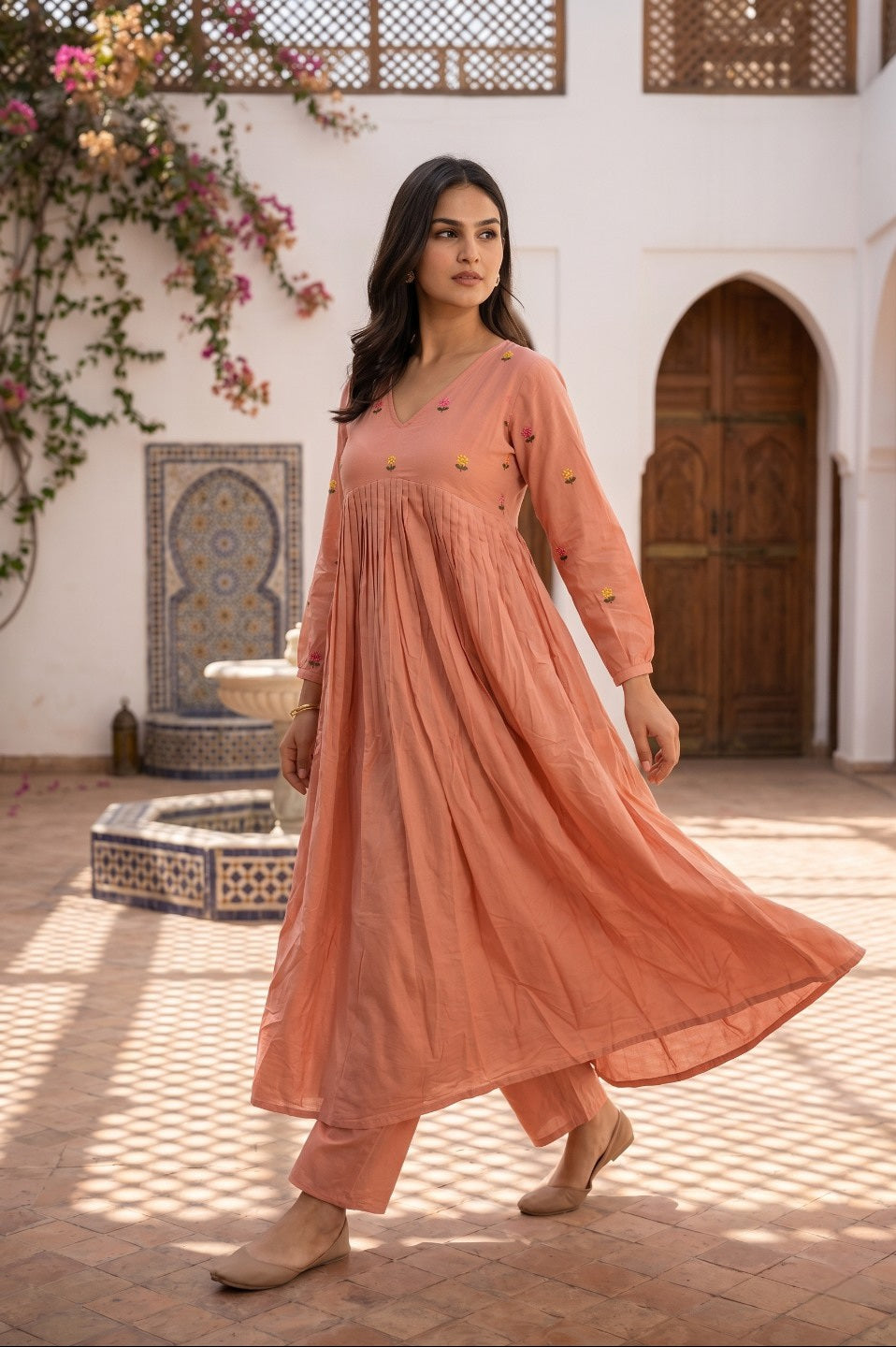 Women Pure Cotton Floral Embroidered A-Line Anarkali Kurta with Straight Pants | Summer Kurta Set