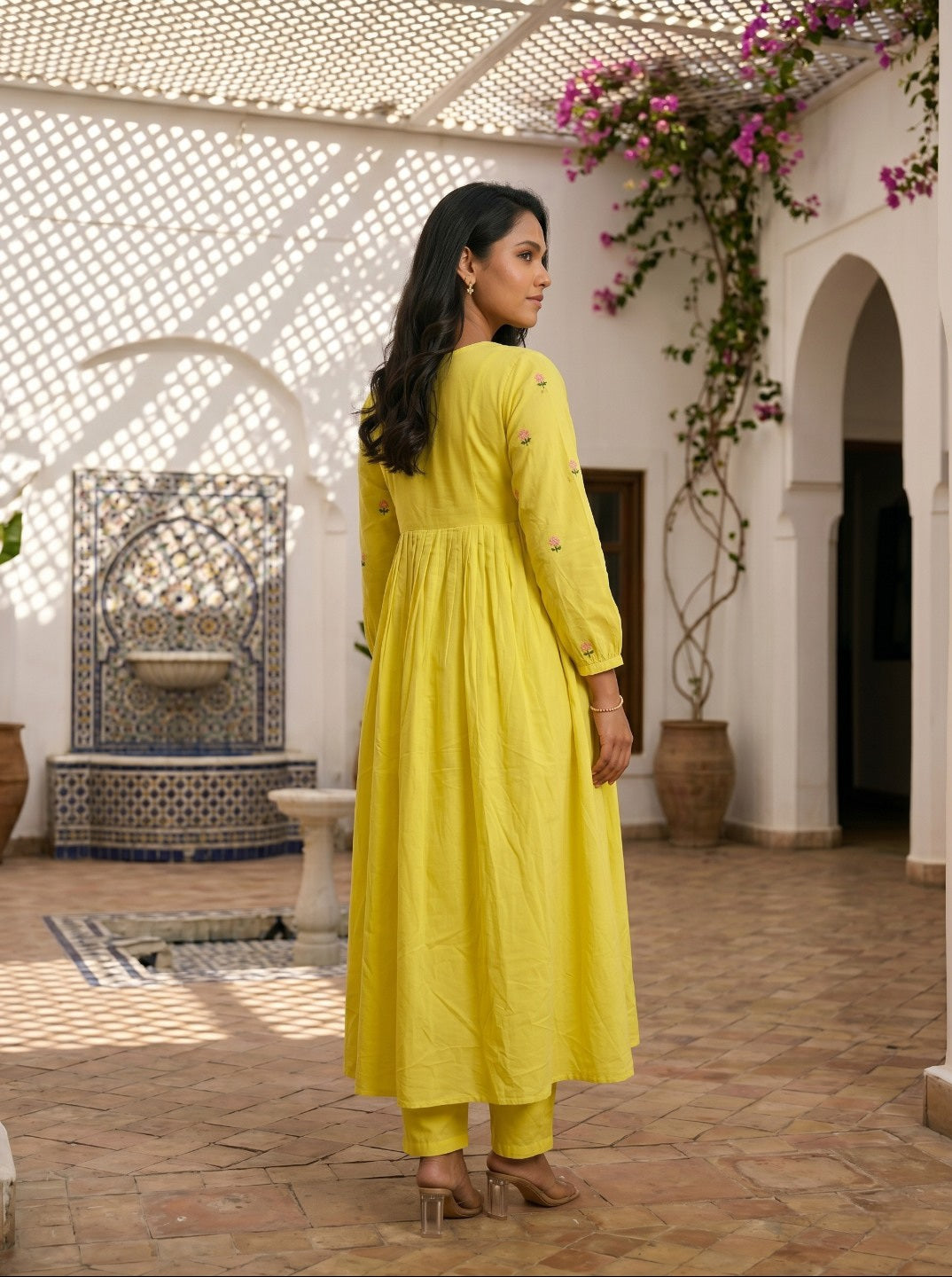 Women Pure Cotton Floral Embroidered A-Line Anarkali Kurta with Straight Pants | Summer Kurta Set