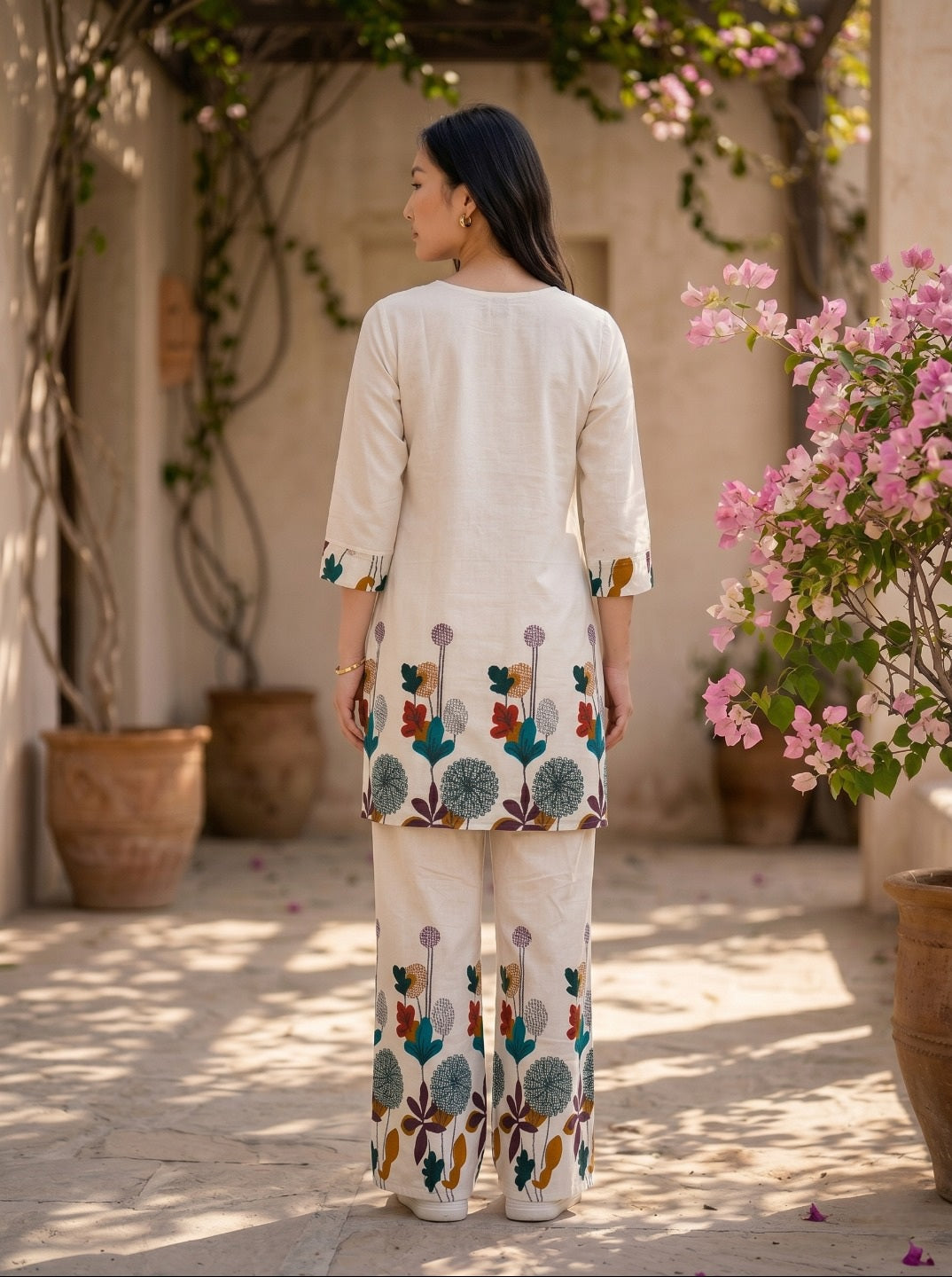 Women's Off White Khadi Cotton Floral Printed Co-Ord Set | Premium Comfort Fit Kurti & Palazzo Set | Elegant Casual & Summer Wear