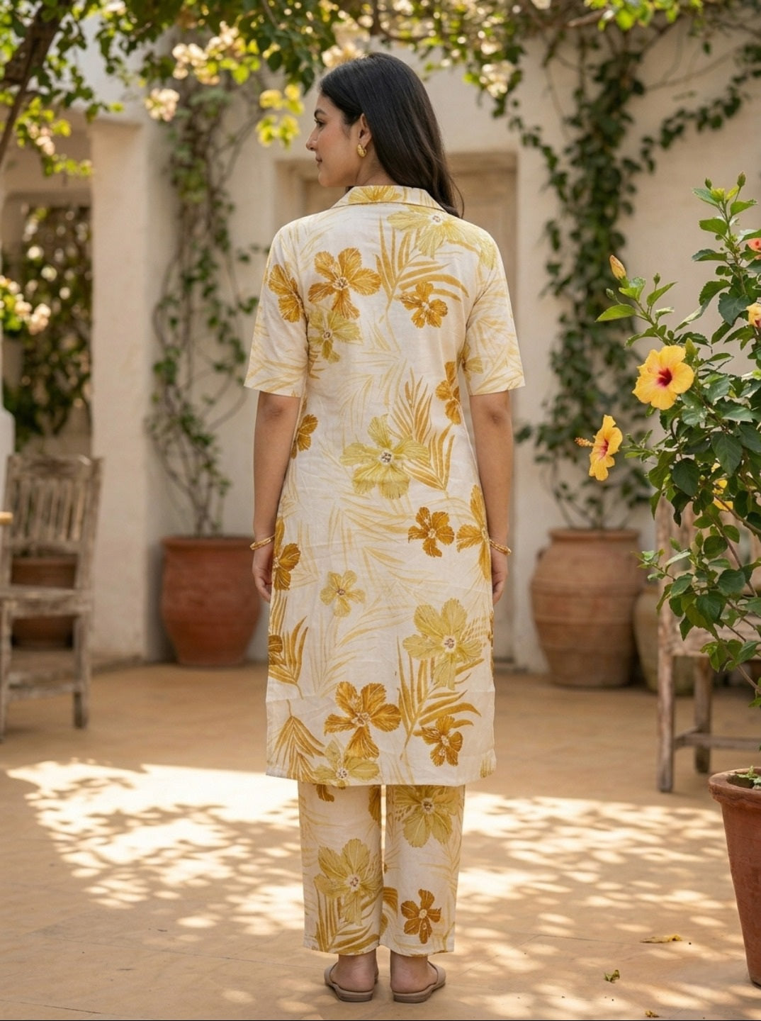 Mustard Floral Printed Vartican Silk Co-Ord Set for Women | Premium Summer Co-Ord Set with Collar Neck & Straight Pant