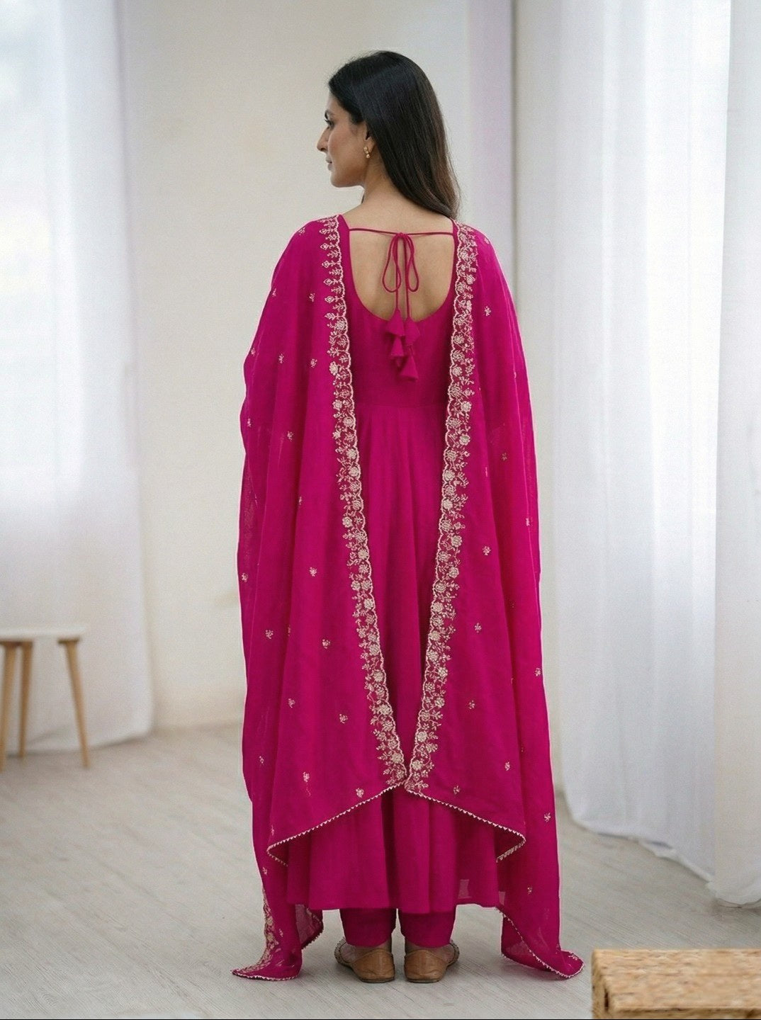 Dark Pink Anarkali Kurta Set with Dupatta & Pant | Roman Chanderi Silk Fully Flared Ethnic Wear for Women | Festive & Wedding Collection