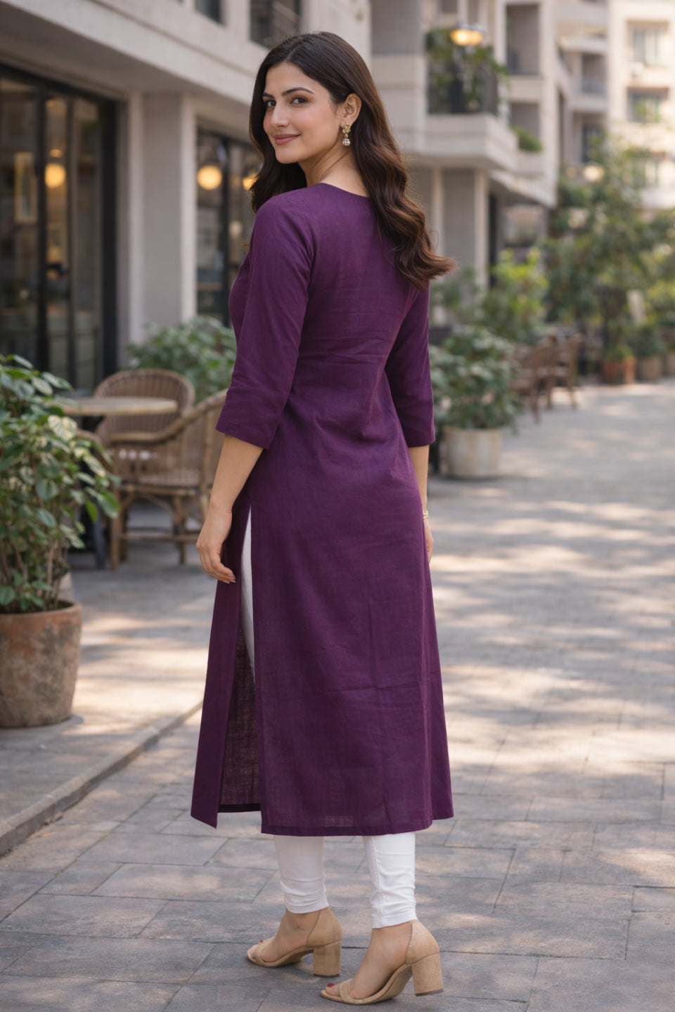 Women Purple Embroidered Straight Kurti | Stylish V-Neck Ethnic Kurta for Women | Casual Office Wear Long Kurti