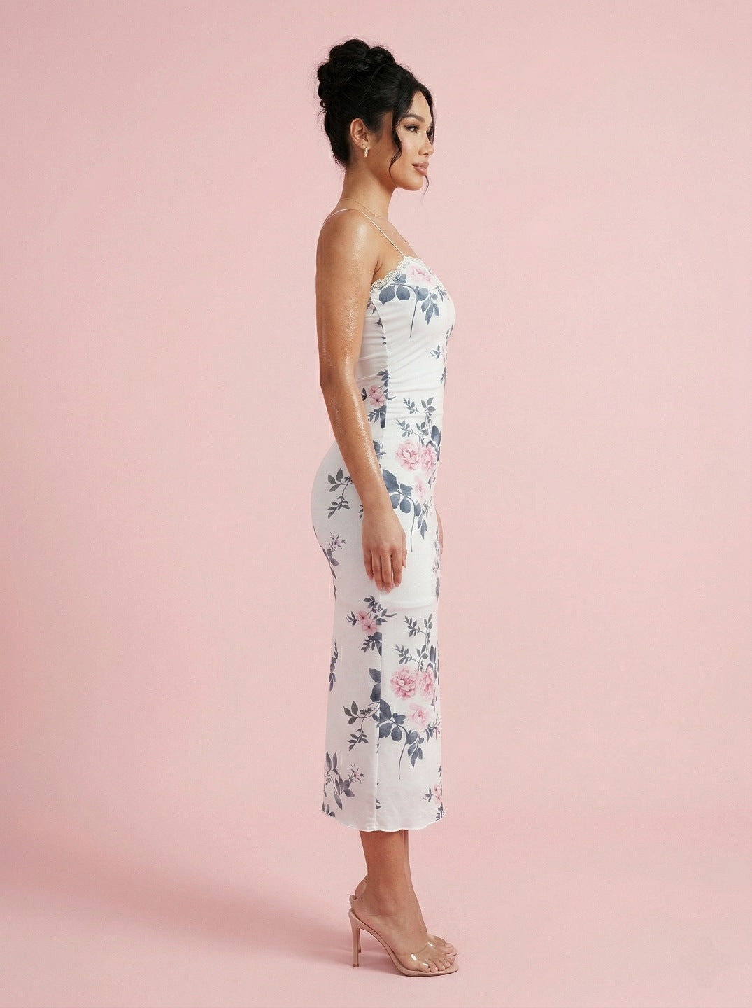 White Floral Bodycon Midi Dress for Women | Lycra Stretch Digital Print Western Dress for Party & Casual Wear
