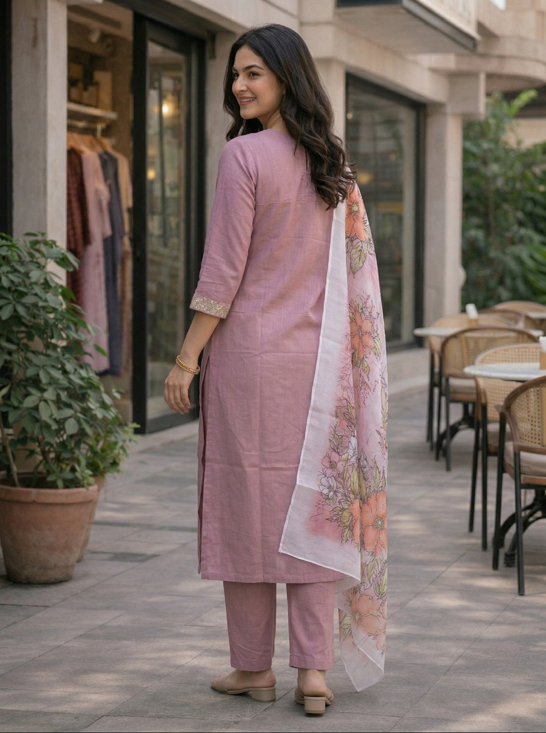 Women Rayon Slub Kurta Set with Chanderi Floral Digital Print Dupatta | Elegant Ethnic Suit Set