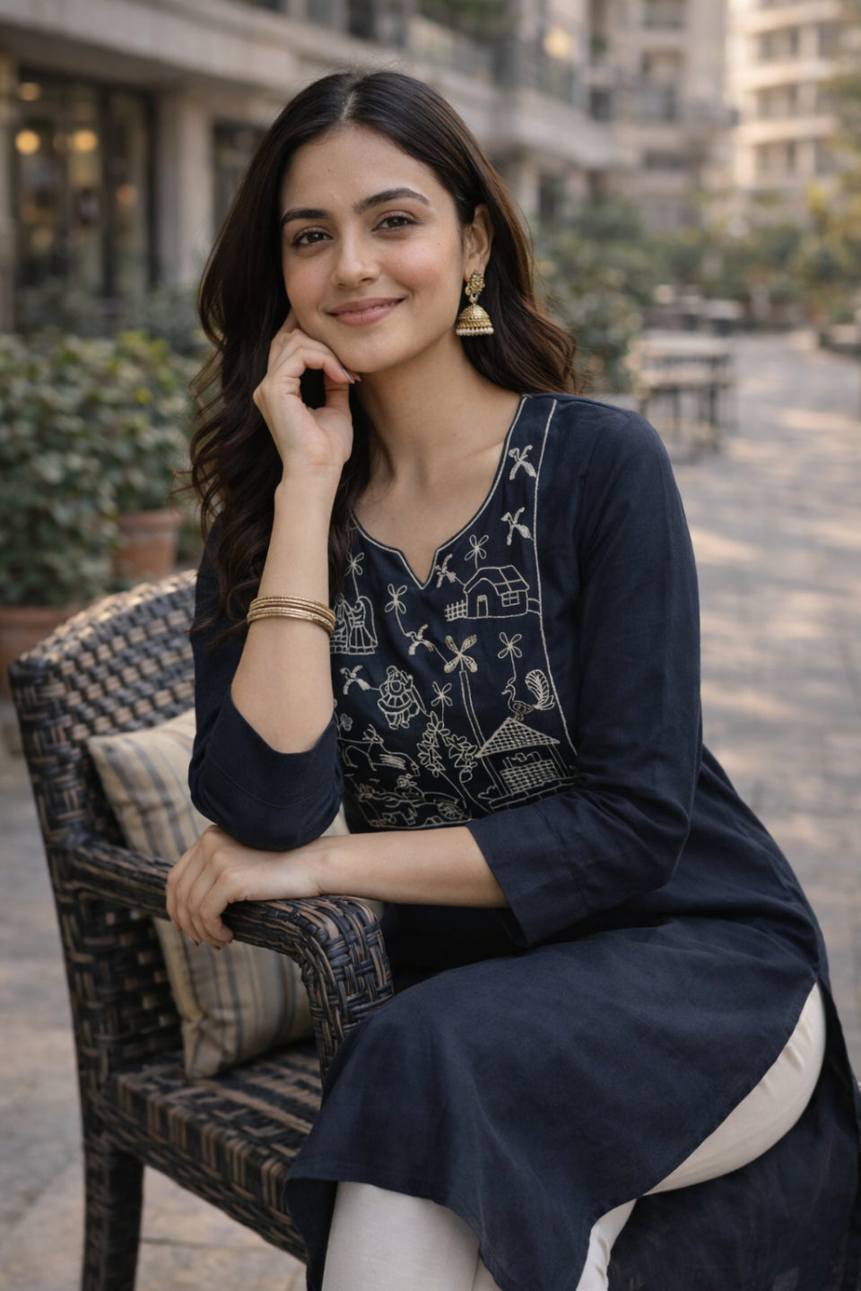 Black Embroidered Straight Kurti for Women V-Neck Style